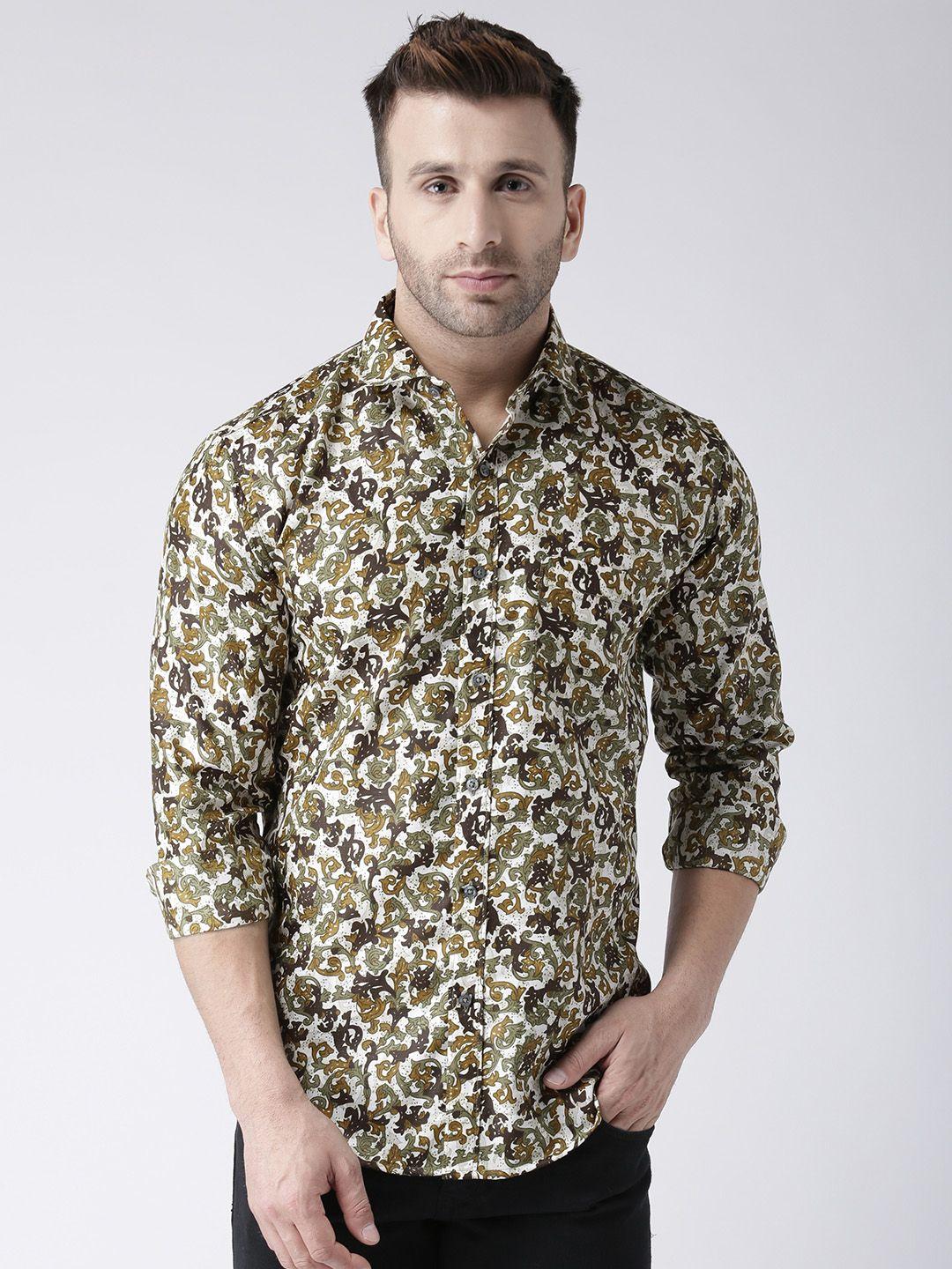 hangup men off-white & brown slim fit printed casual shirt