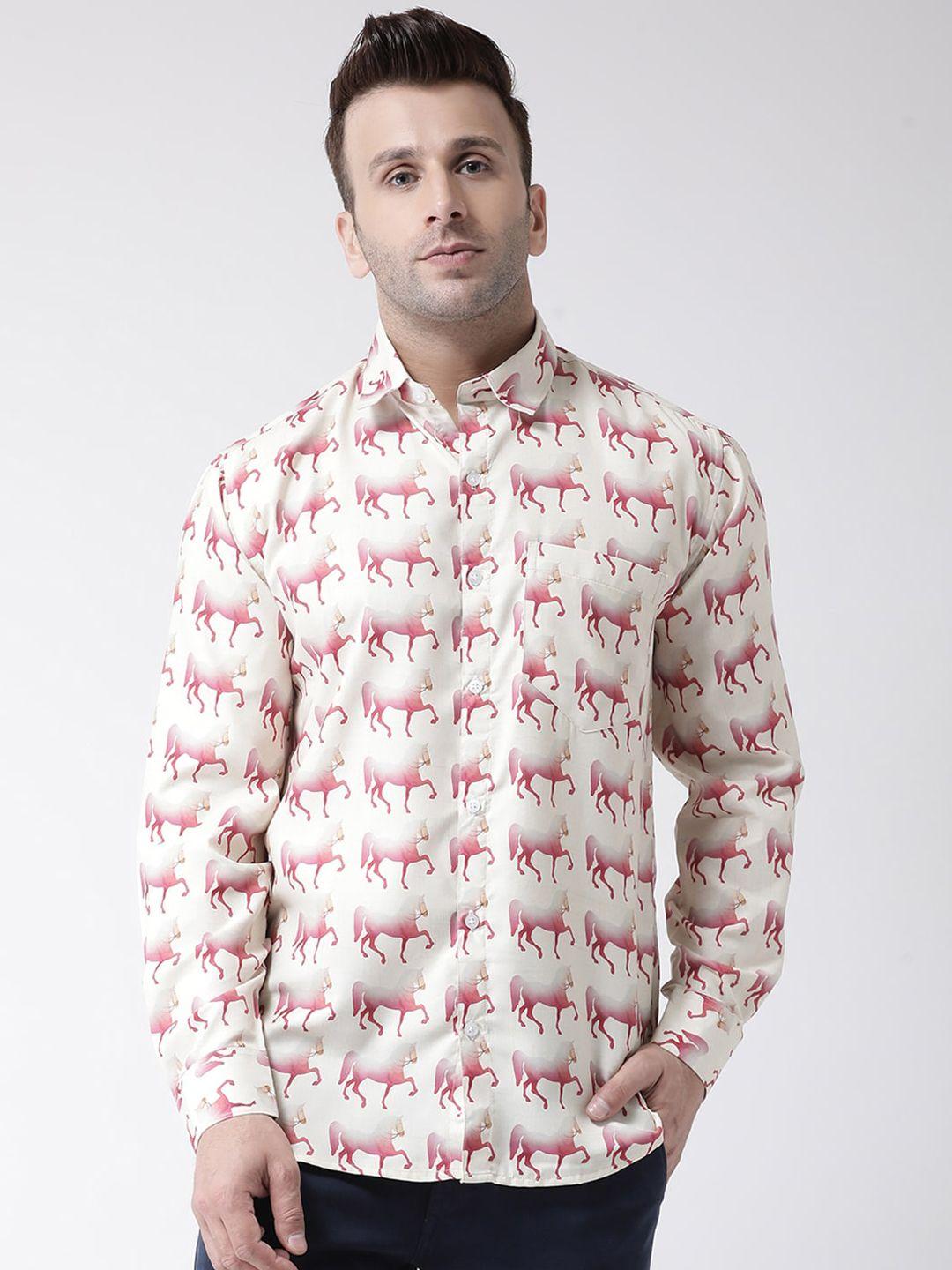 hangup men off-white slim fit printed casual shirt
