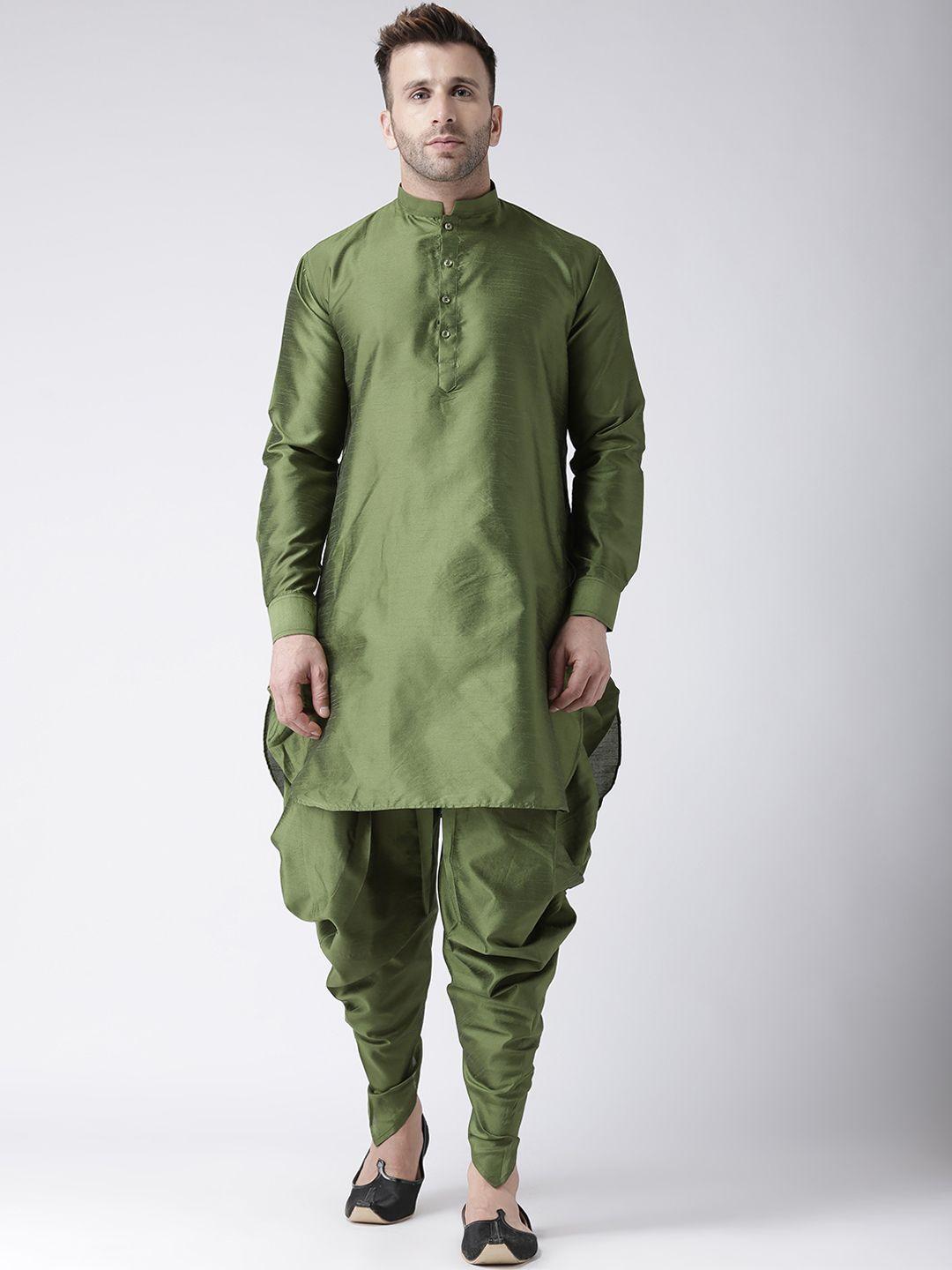 hangup men olive green solid kurta with harem pants