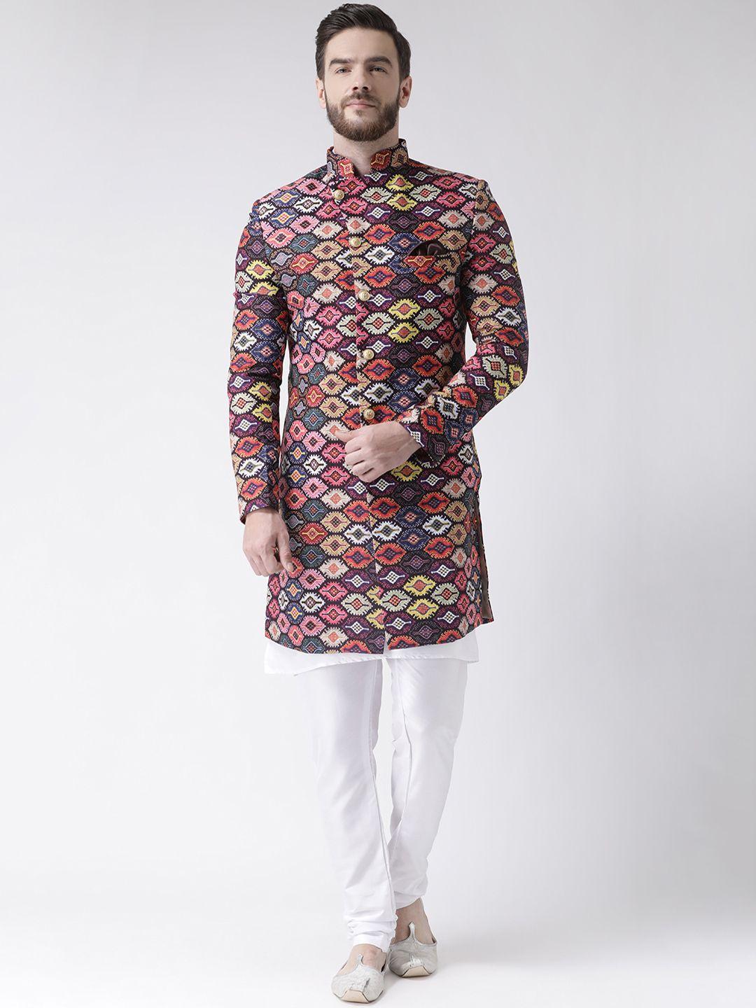 hangup men orange & blue printed sherwani set