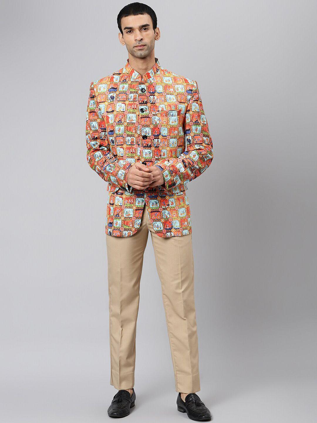 hangup men orange & blue printed two-piece bandhgala party suit