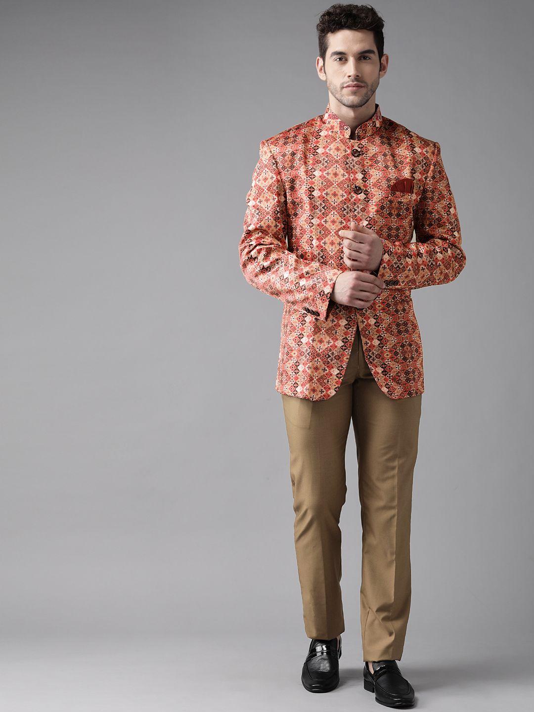 hangup men orange & brown printed single breasted 2-piece suit