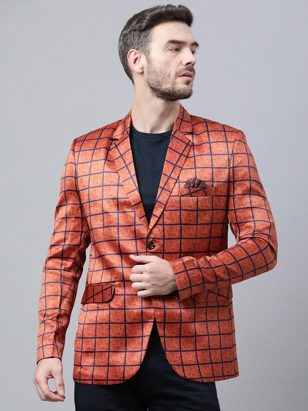 hangup men orange coloured checked single-breasted blazers