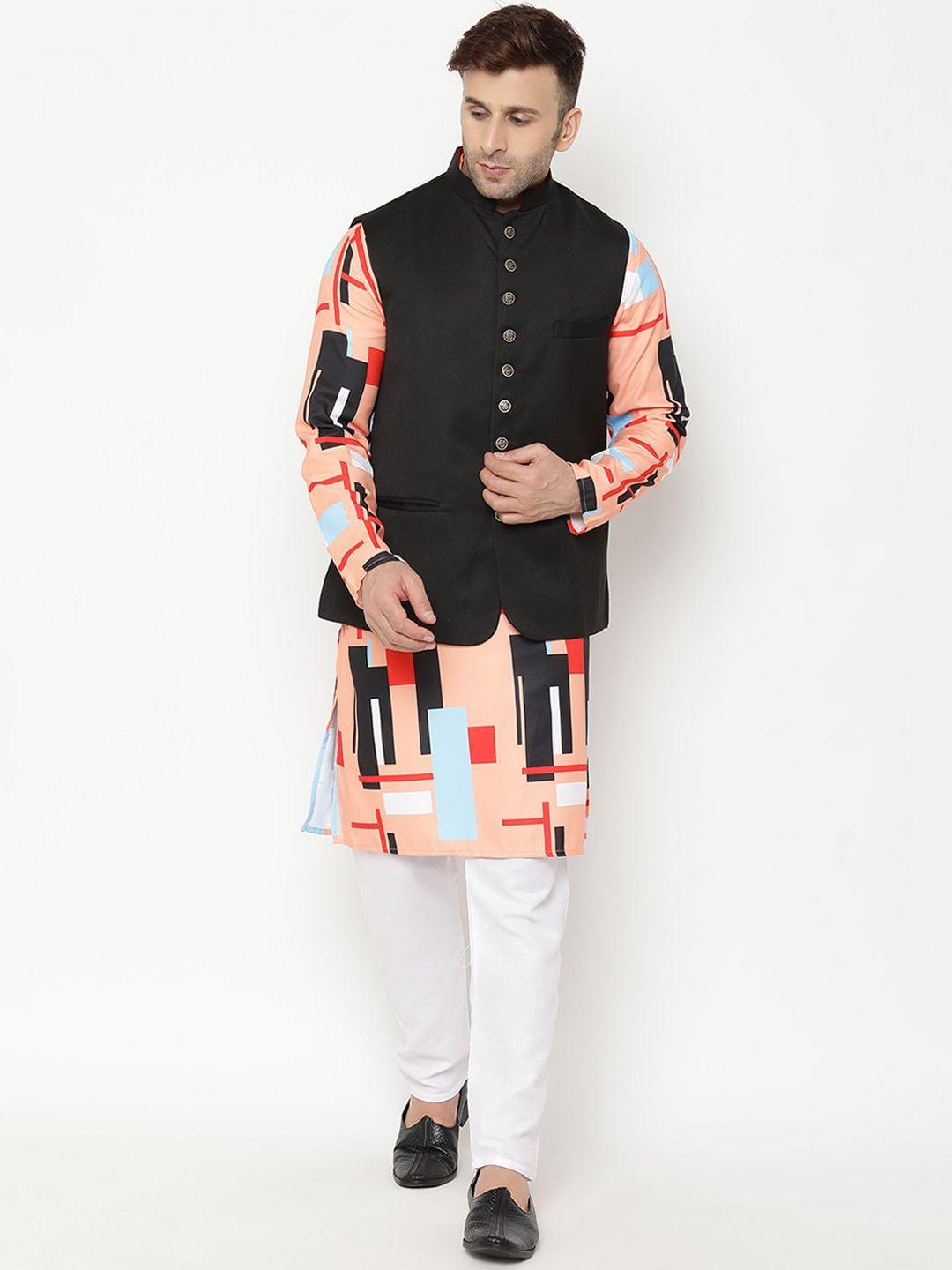 hangup men orange printed kurta with churidar & nehru jacket