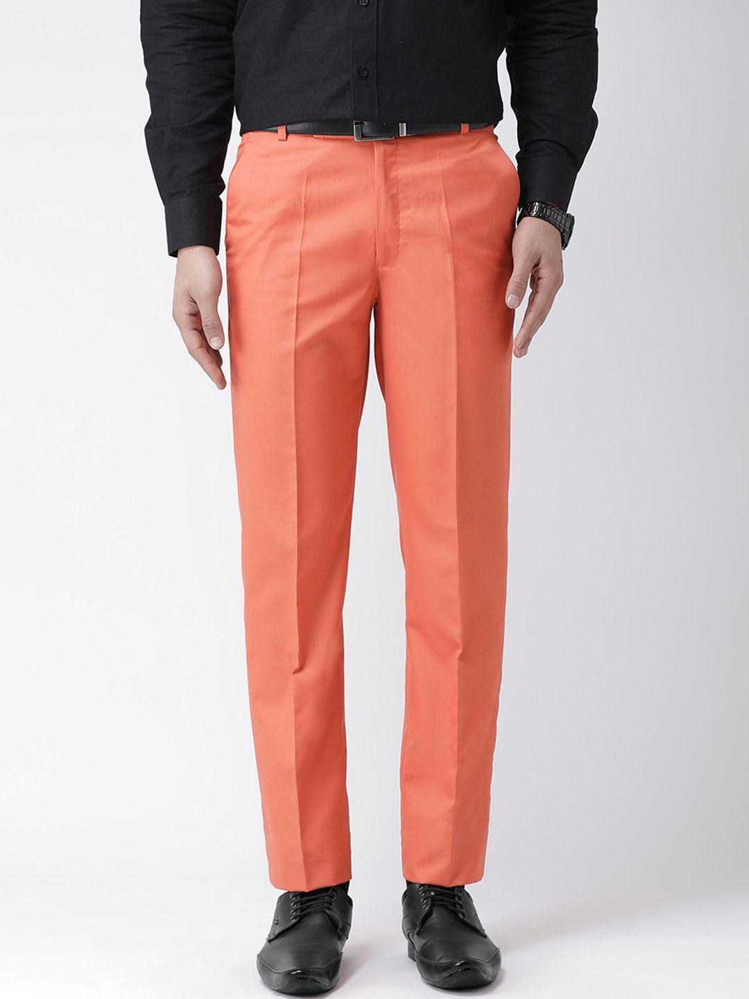 hangup men peach-coloured smart regular fit solid regular trousers