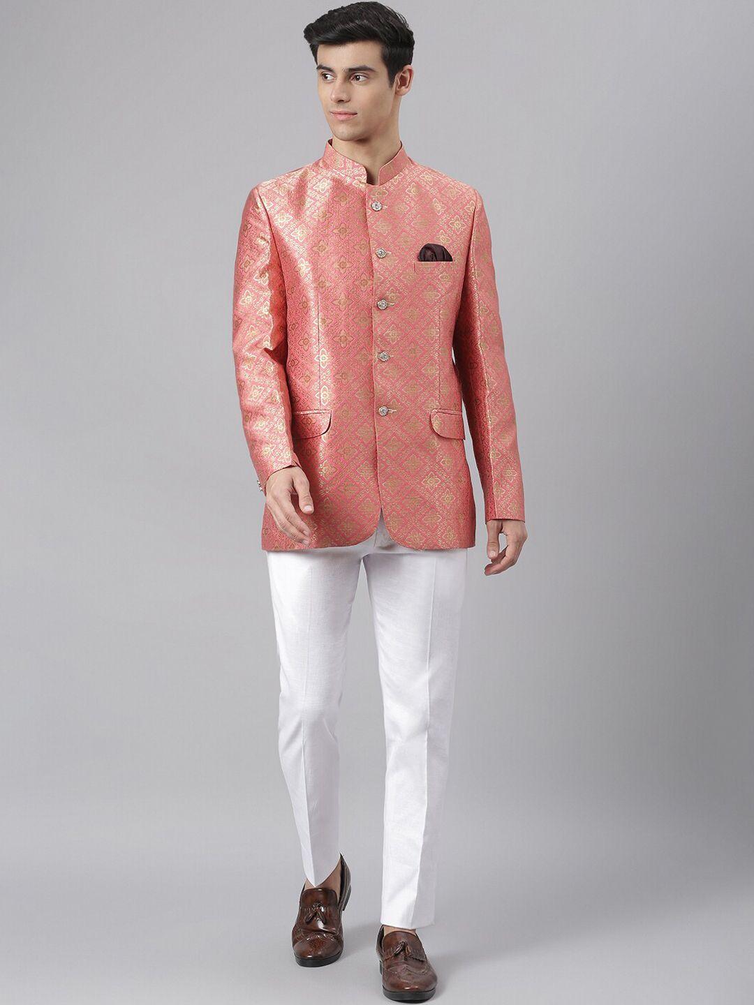 hangup men pink & gold-colored printed 2-piece bandhgala party suit