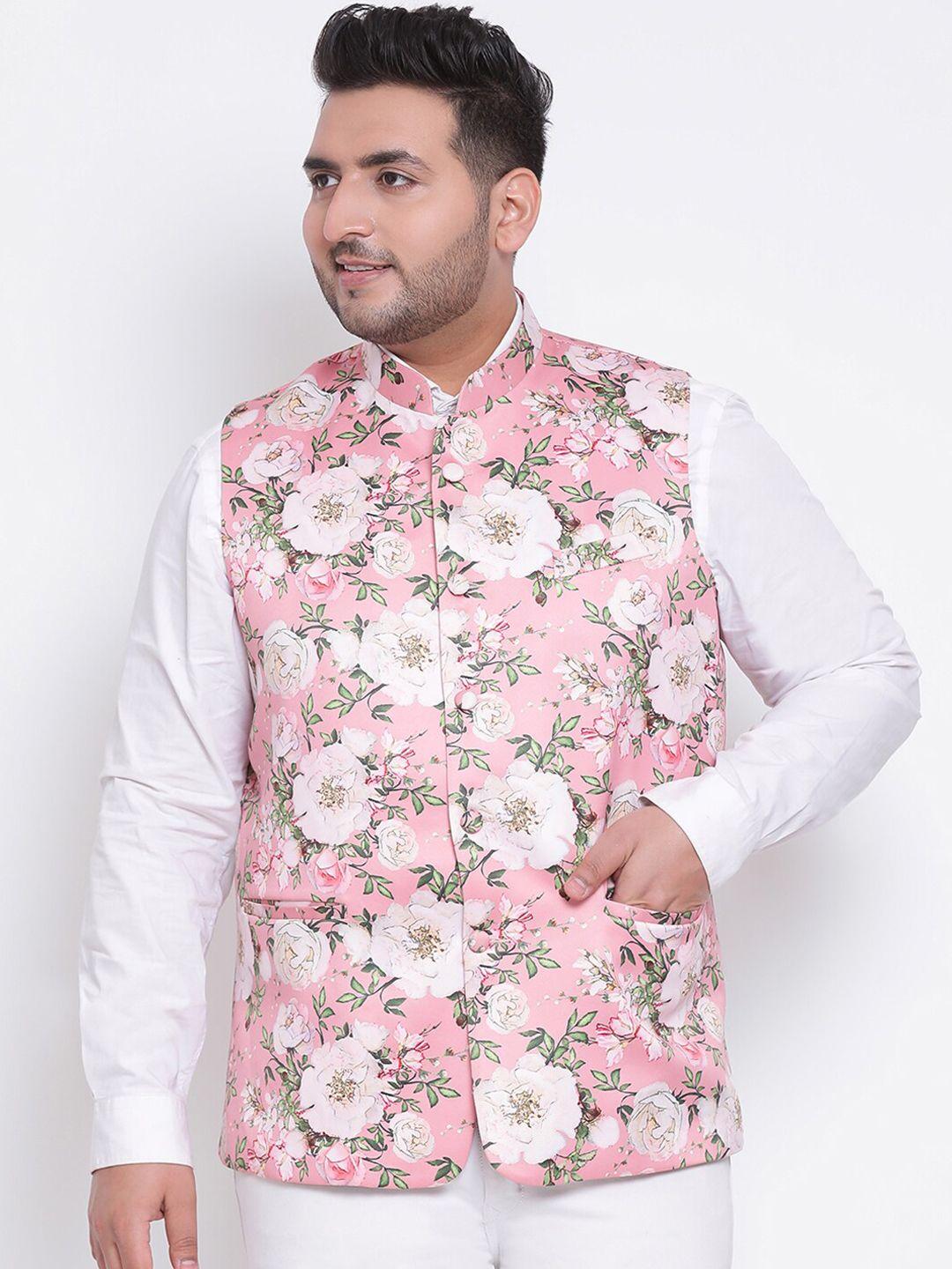 hangup men pink & white floral printed plus size woven nehru jacket