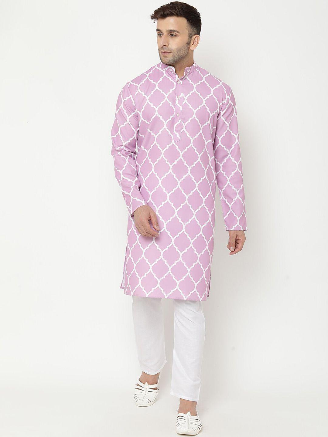 hangup men pink printed cotton blend kurta with pyjamas