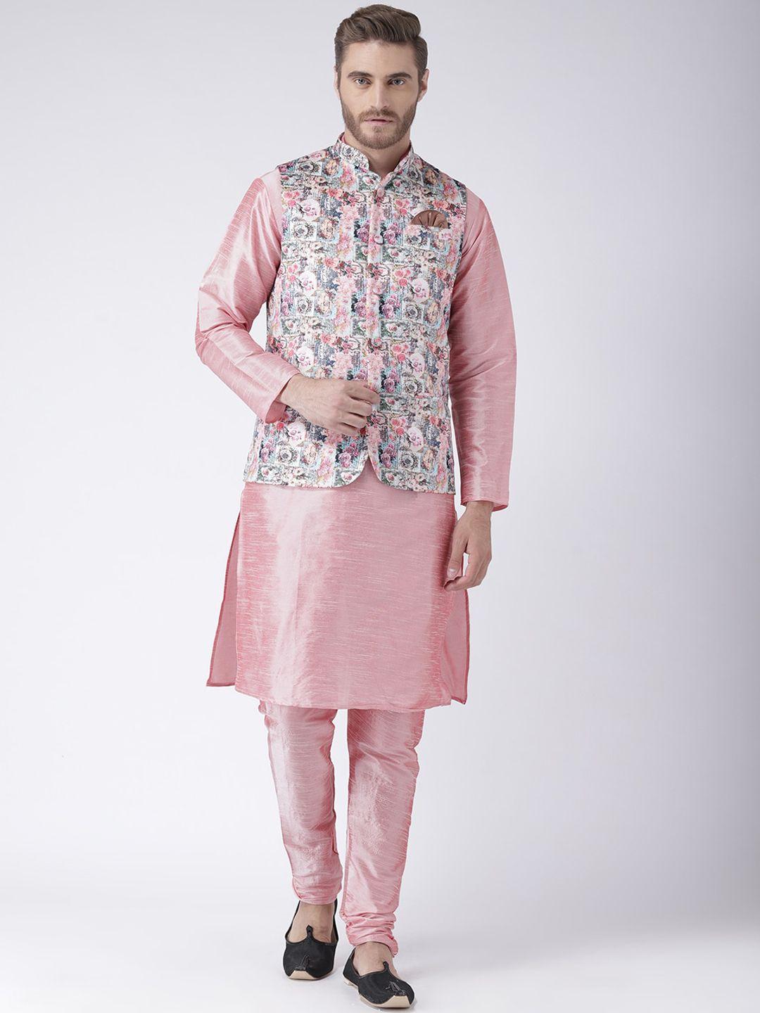 hangup men pink solid kurta set with nehru jacket