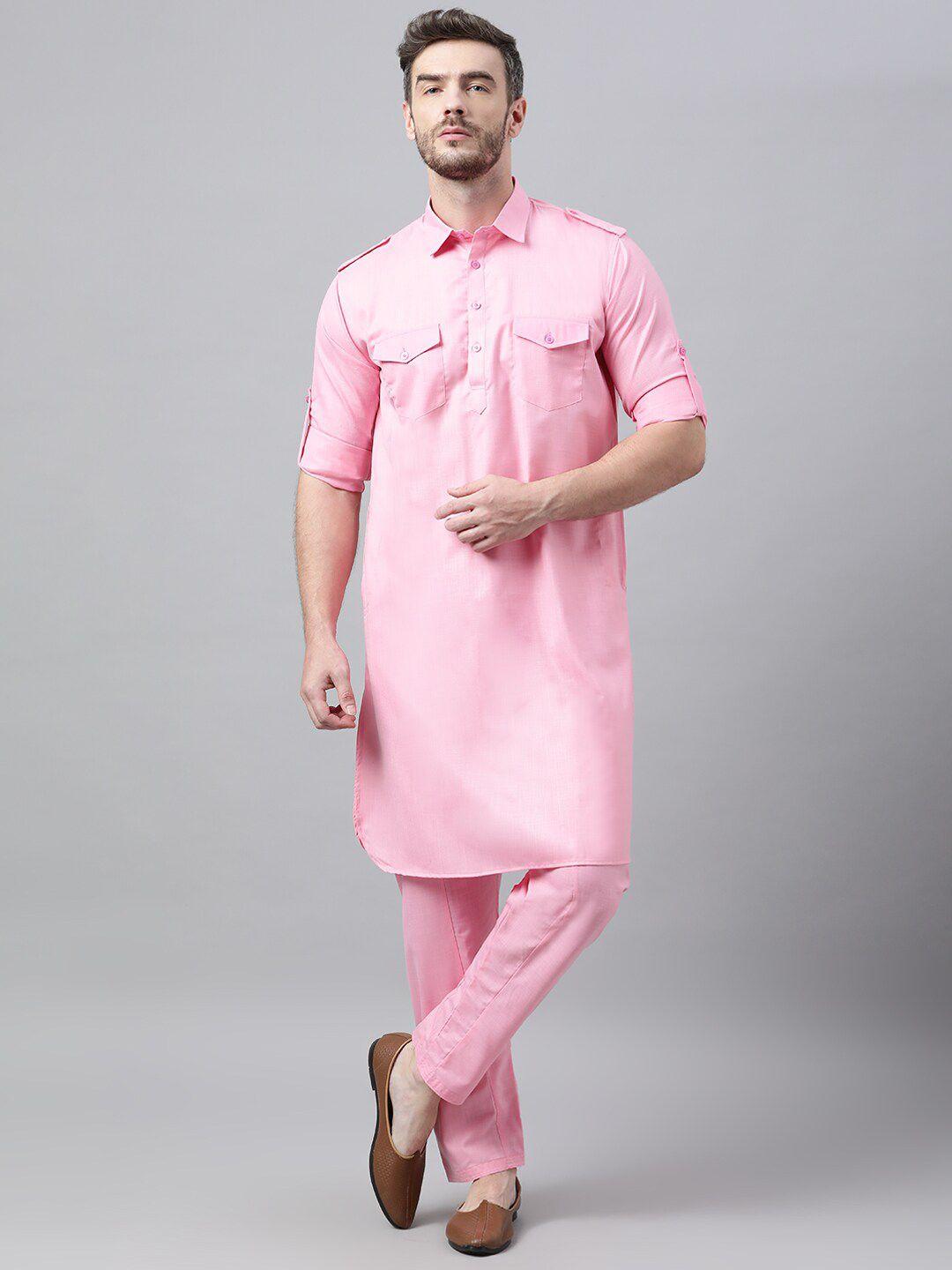 hangup men pink solid pathani kurta with pyjamas