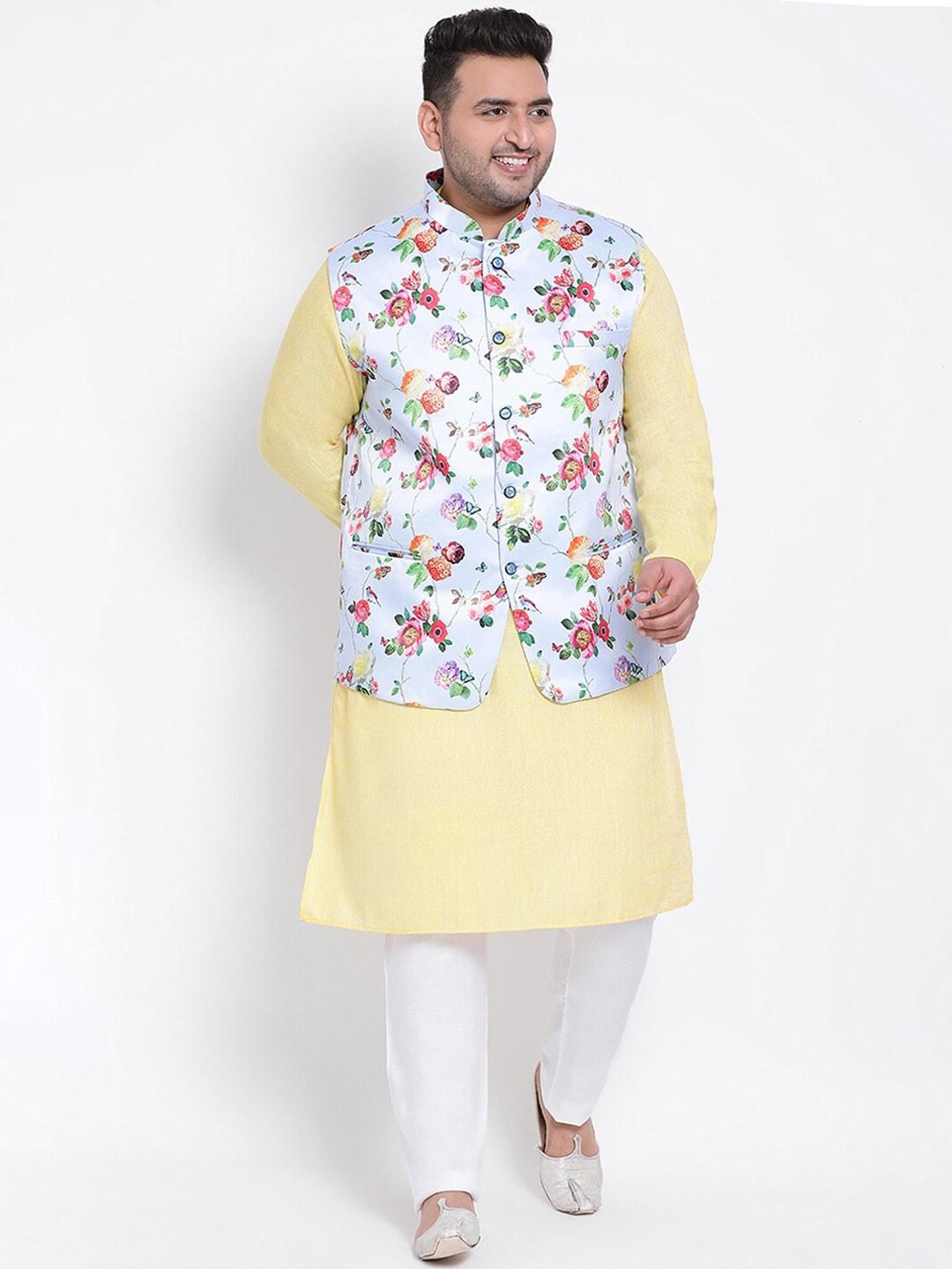 hangup men plus size solid kurta & trouser with printed nehru jacket