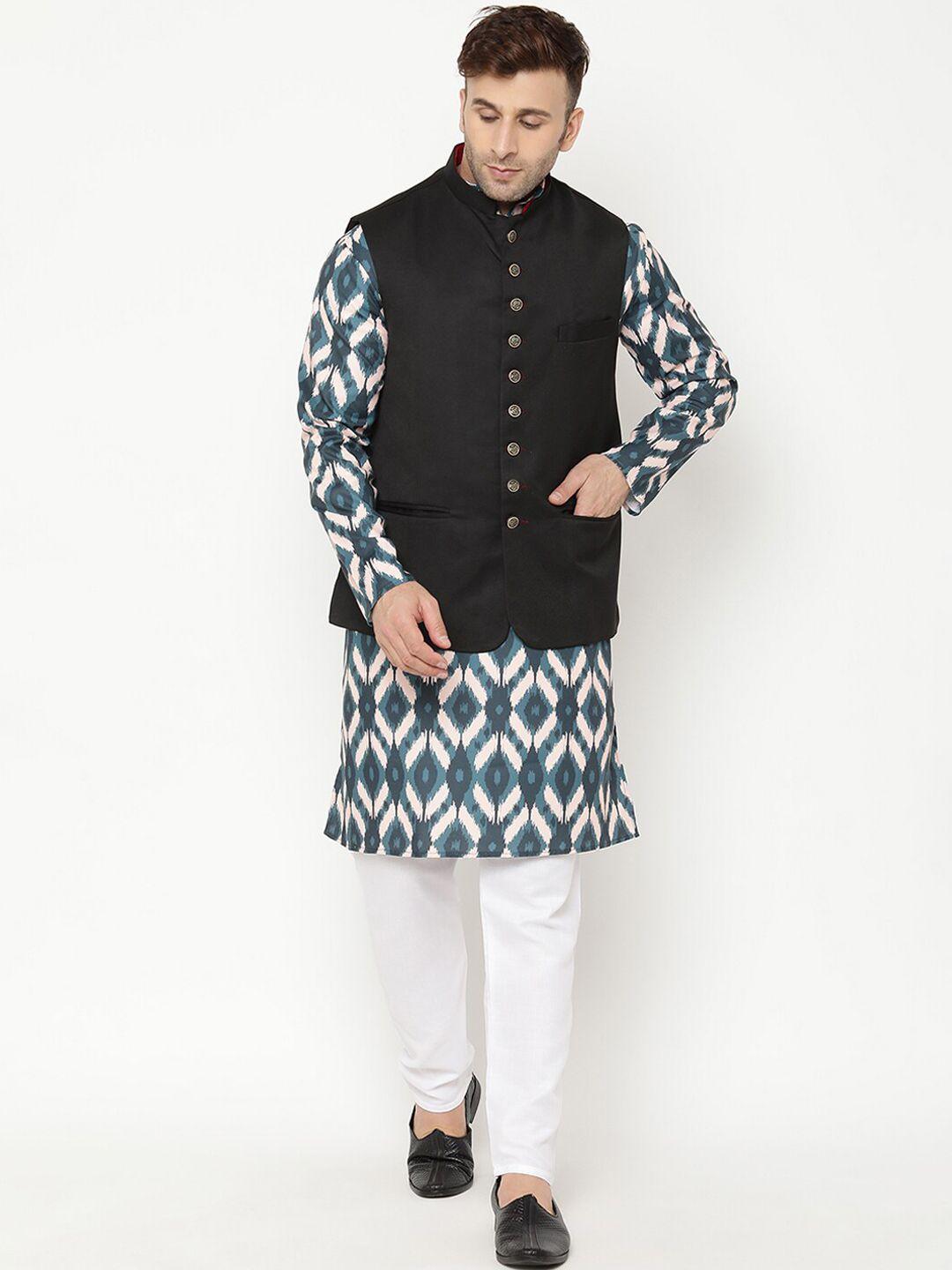 hangup men printed kurta with pyjama with nehru jacket