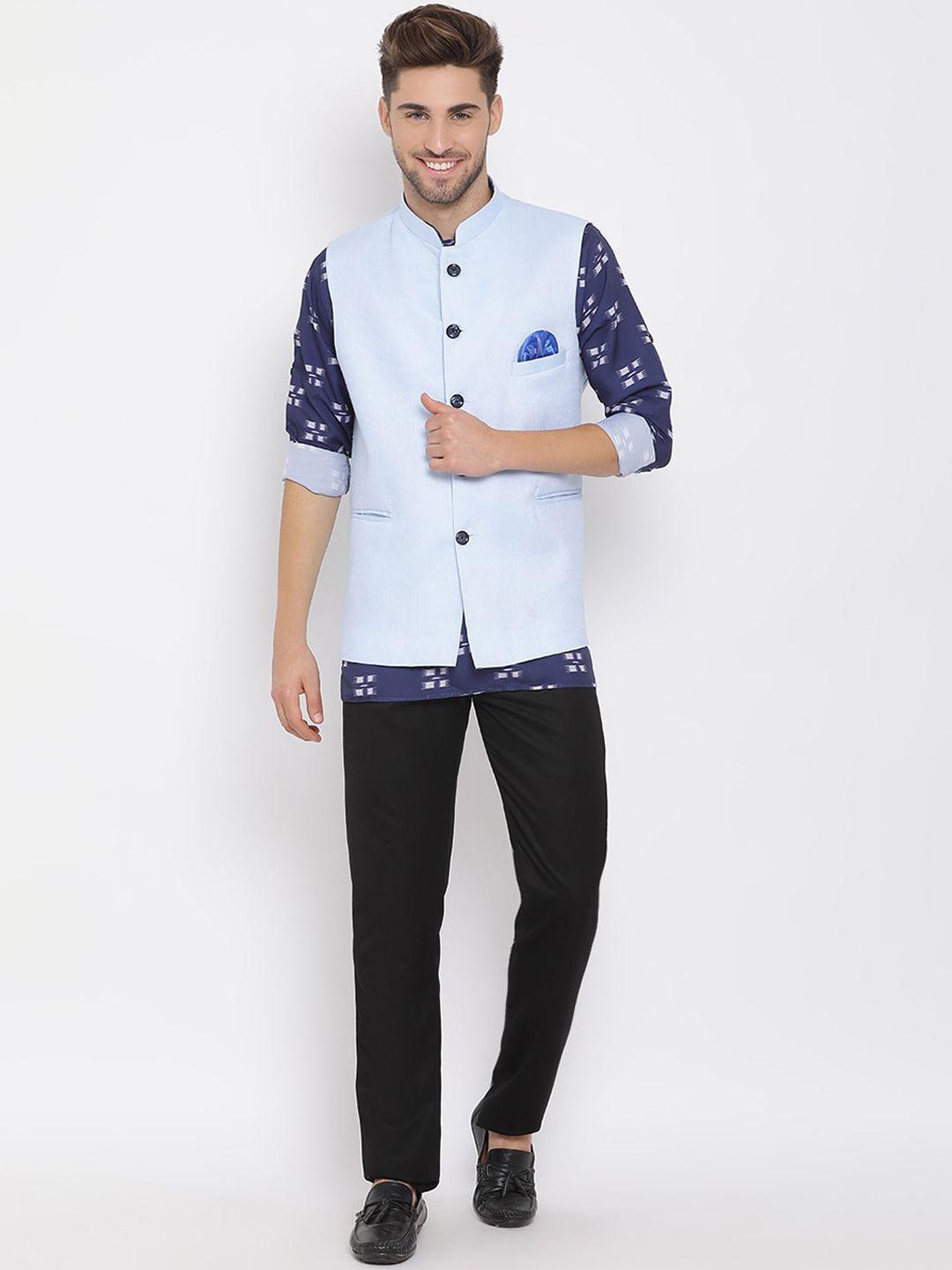 hangup men printed linen kurta with trousers & nehru jacket