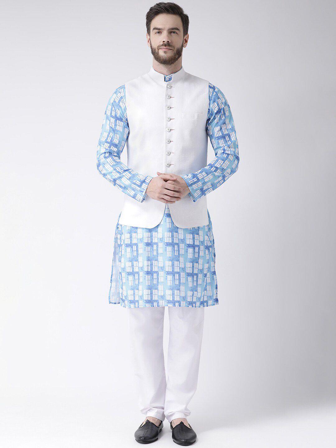 hangup men printed pure cotton kurta with pyjama & with nehru jacket
