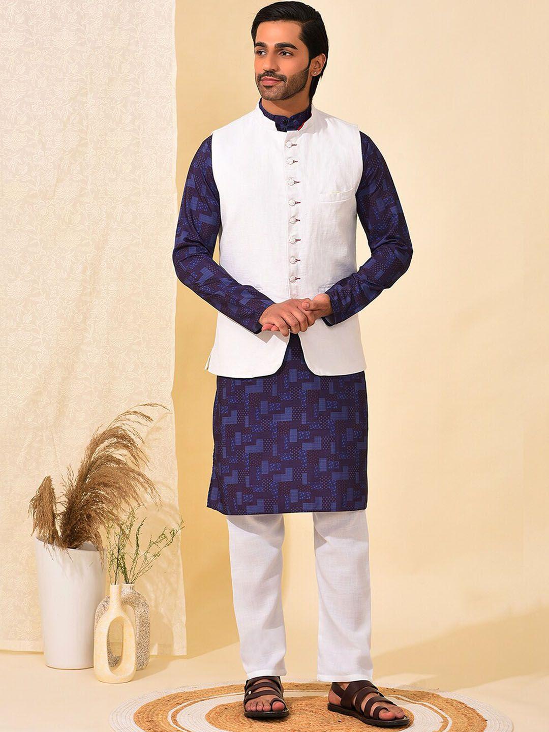 hangup men printed pure cotton kurta with pyjamas & nehru jacket