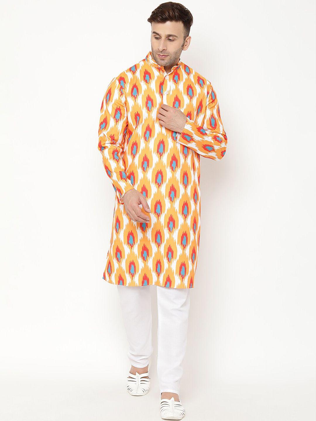 hangup men printed straight cotton blend kurta with pyjama