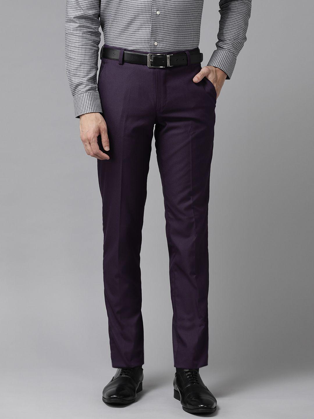 hangup men purple regular fit solid formal trousers