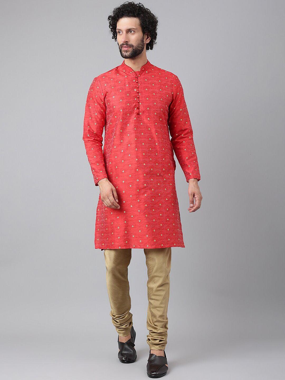 hangup men red floral pure silk kurta with pyjamas