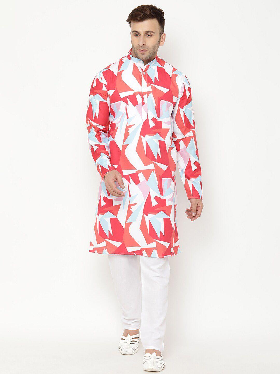 hangup men red printed cotton blend kurta with pyjamas