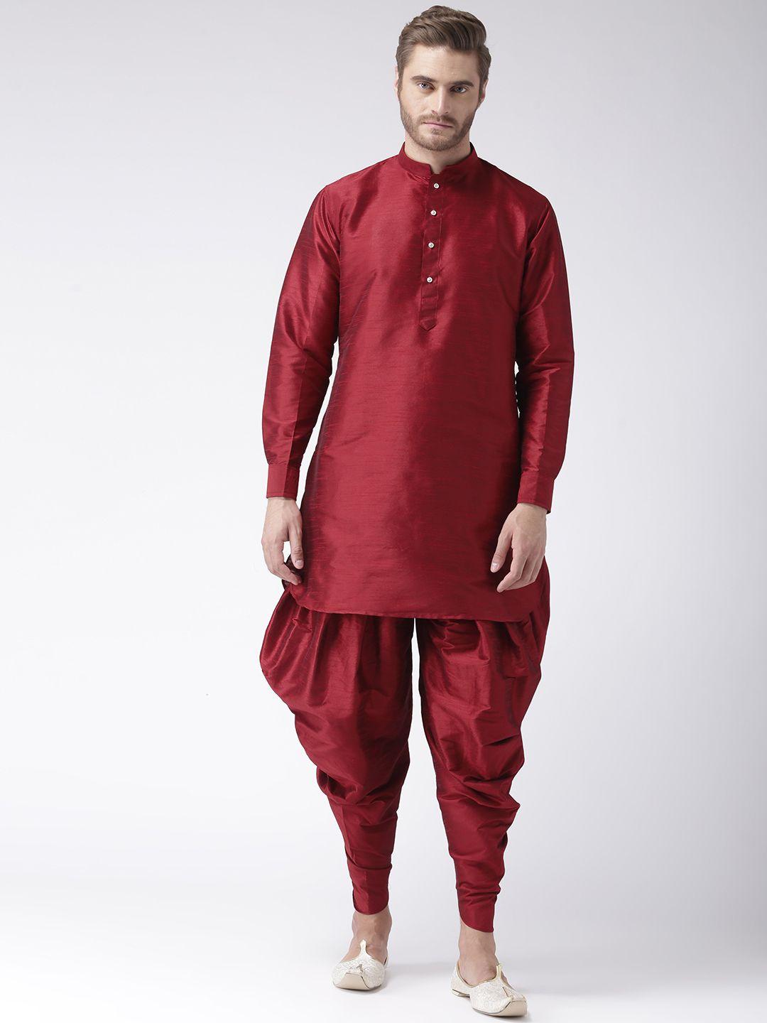 hangup men red solid kurta with dhoti pants