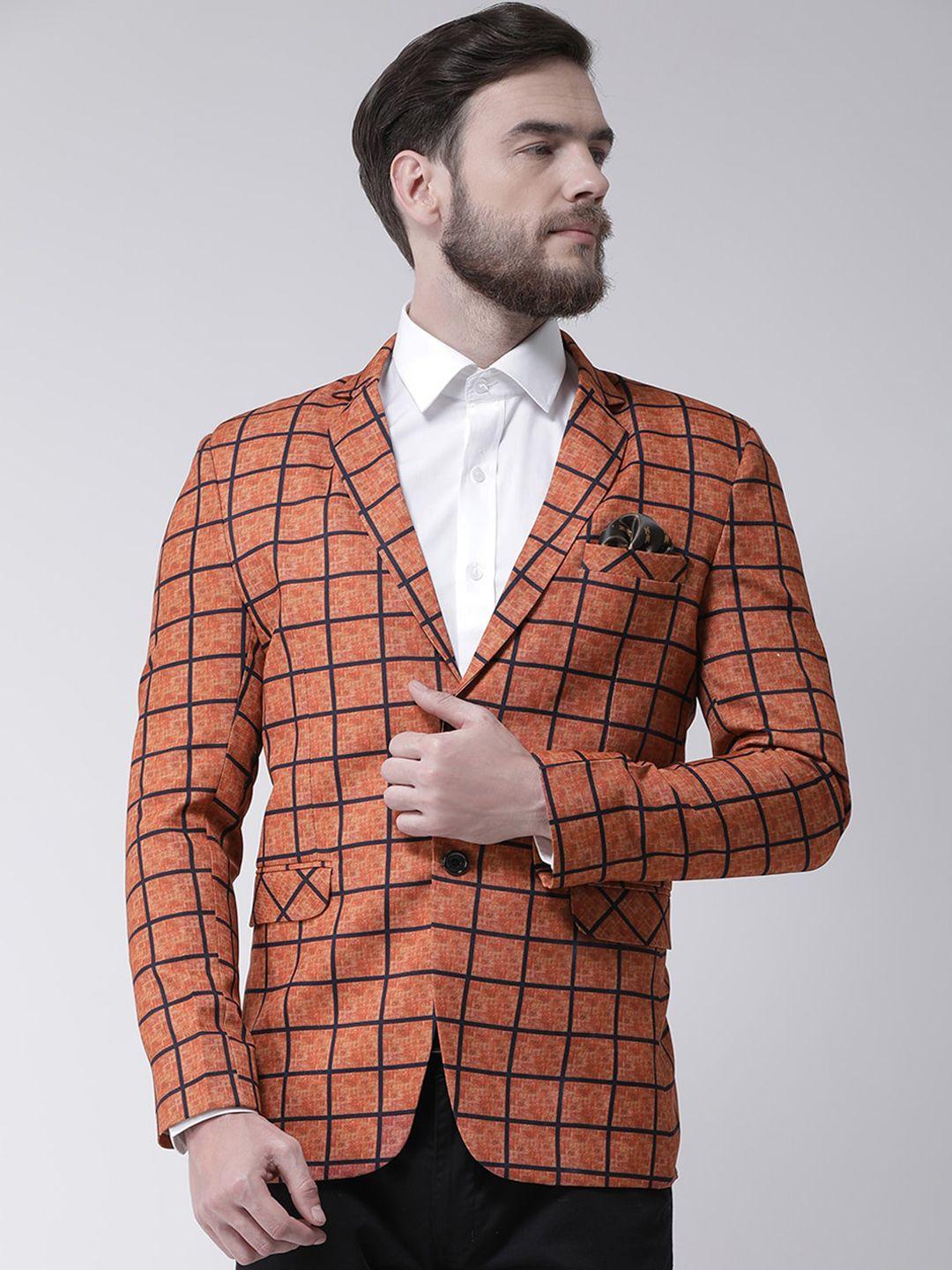 hangup men rust orange & blue checked single-breasted casual blazer