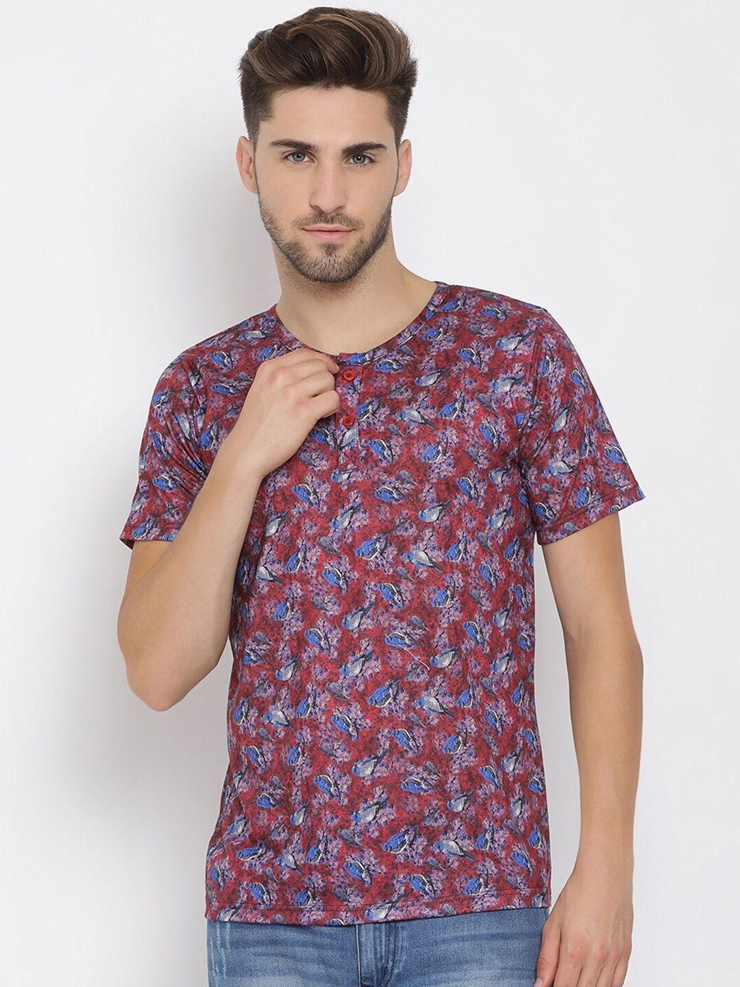 hangup men rust red & blue printed henley neck t-shirt