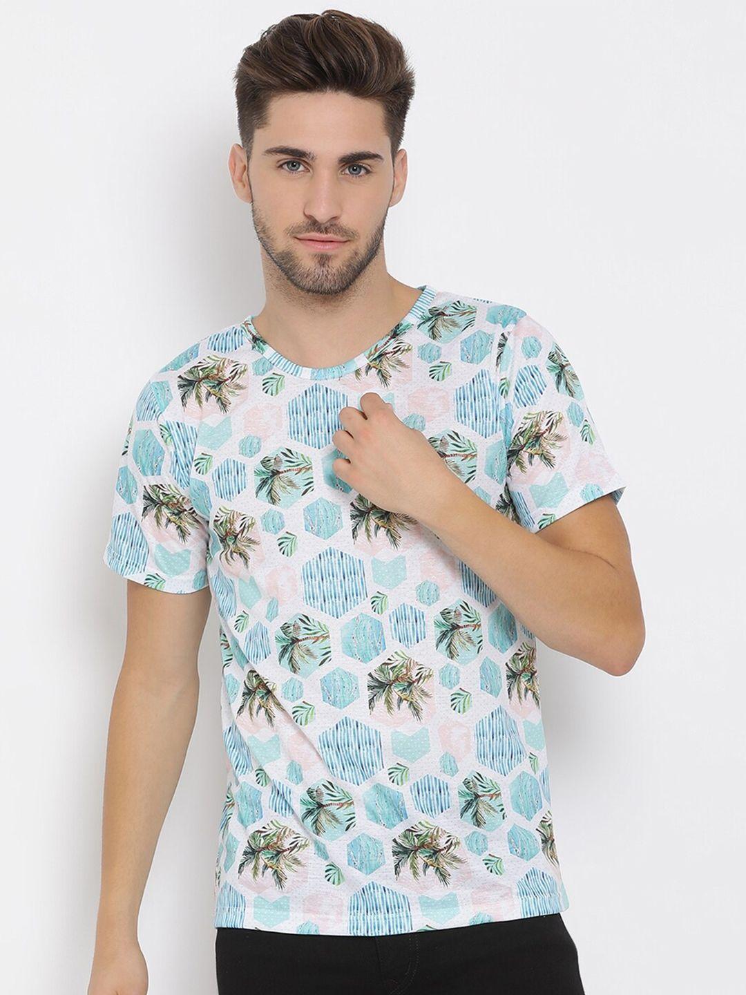 hangup men sea green & white printed round neck t-shirt