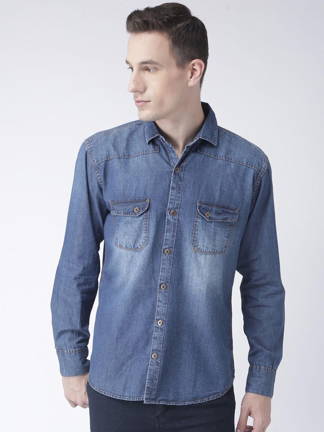 hangup men slim fit faded casual denim shirt