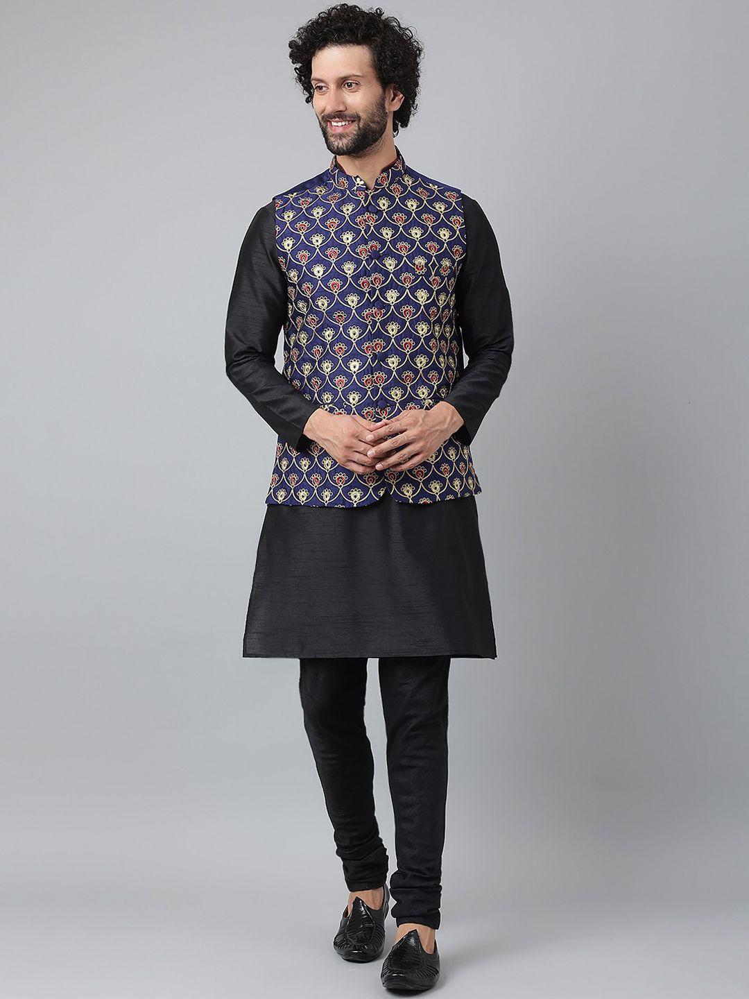 hangup men solid straight pure silk kurta with churidar & with embroidered nehru jacket