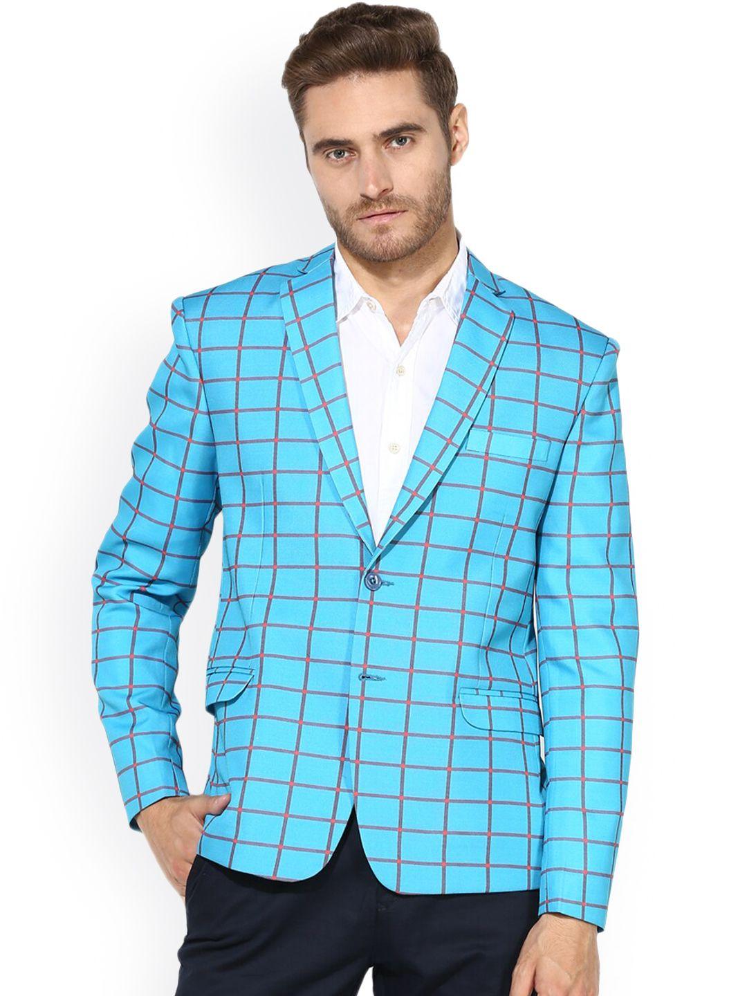 hangup men turquoise blue checked single breasted blazer
