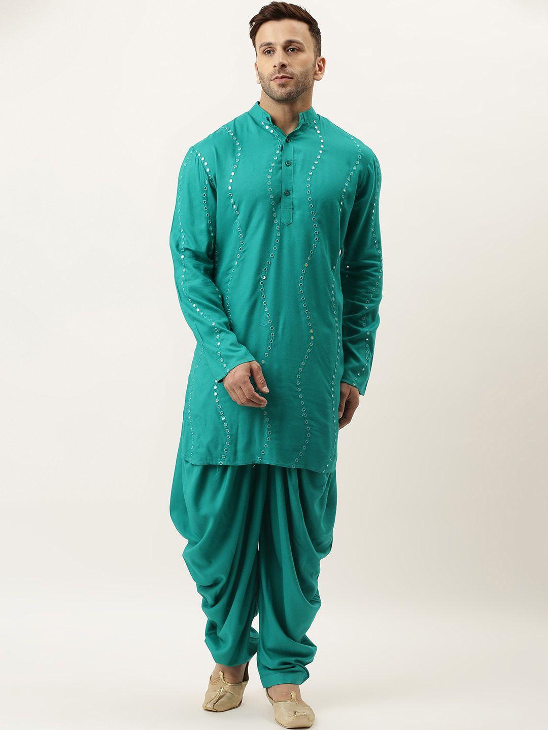 hangup men turquoise blue regular mirror work kurta with dhoti pants