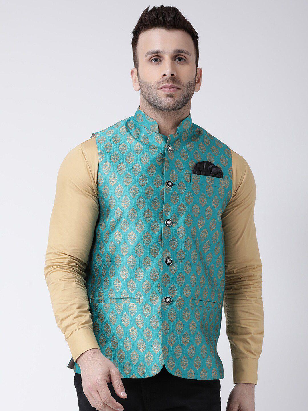 hangup men turquoise blue woven design nehru jacket