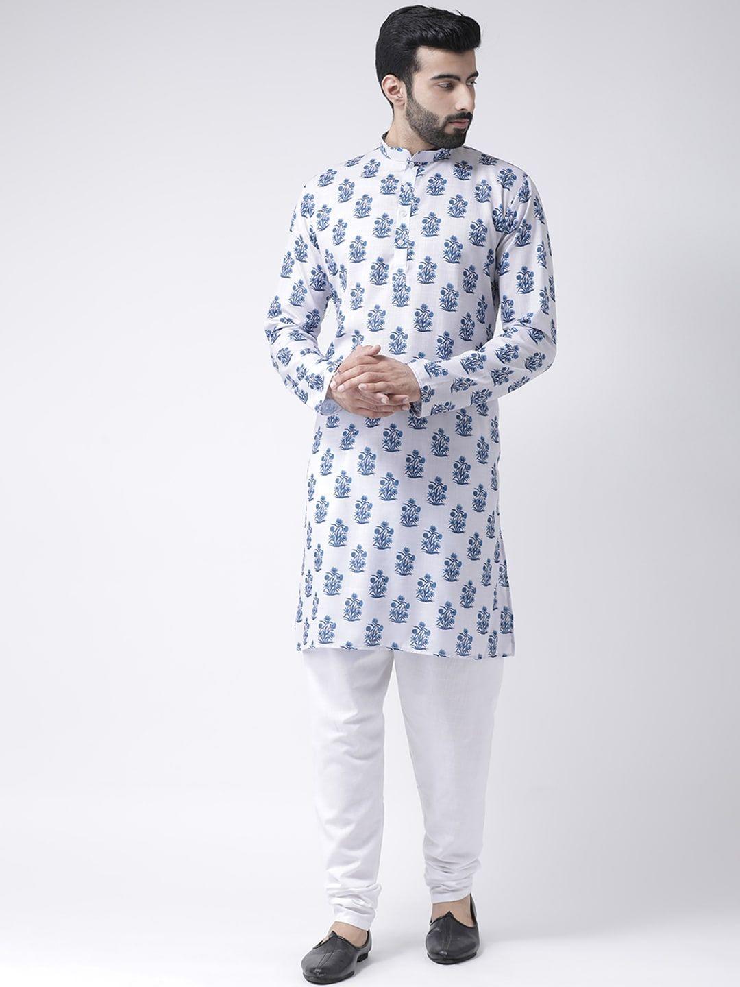 hangup men white & blue printed kurta with pyjama