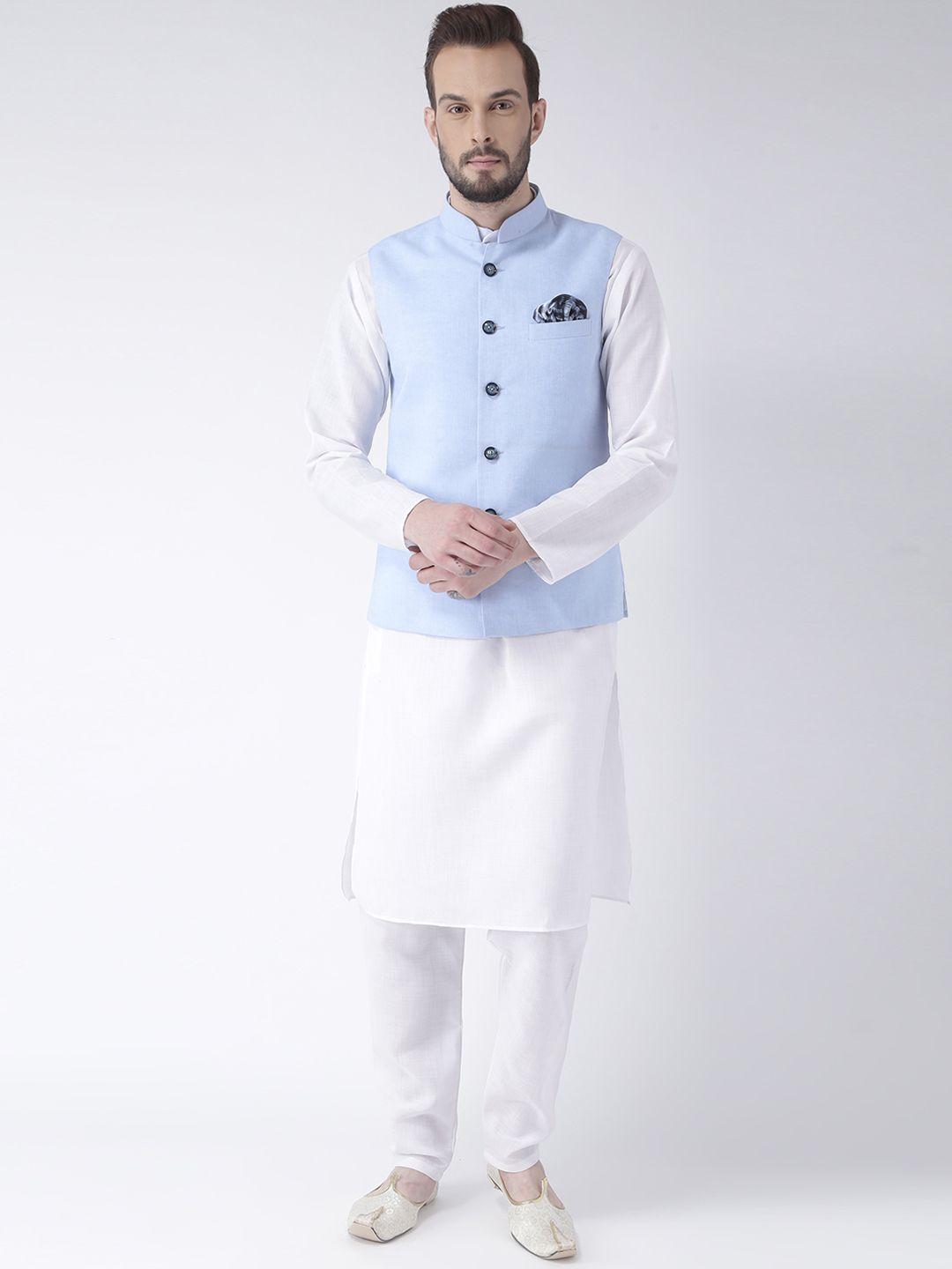 hangup men white & blue solid kurta with pyjamas