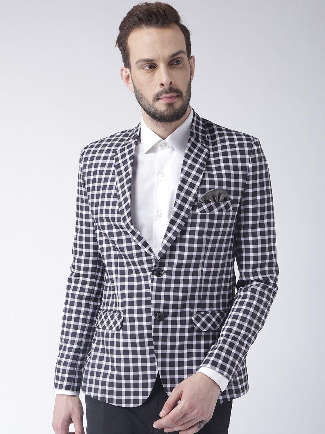 hangup men white & grey checked printed single breasted formal blazers