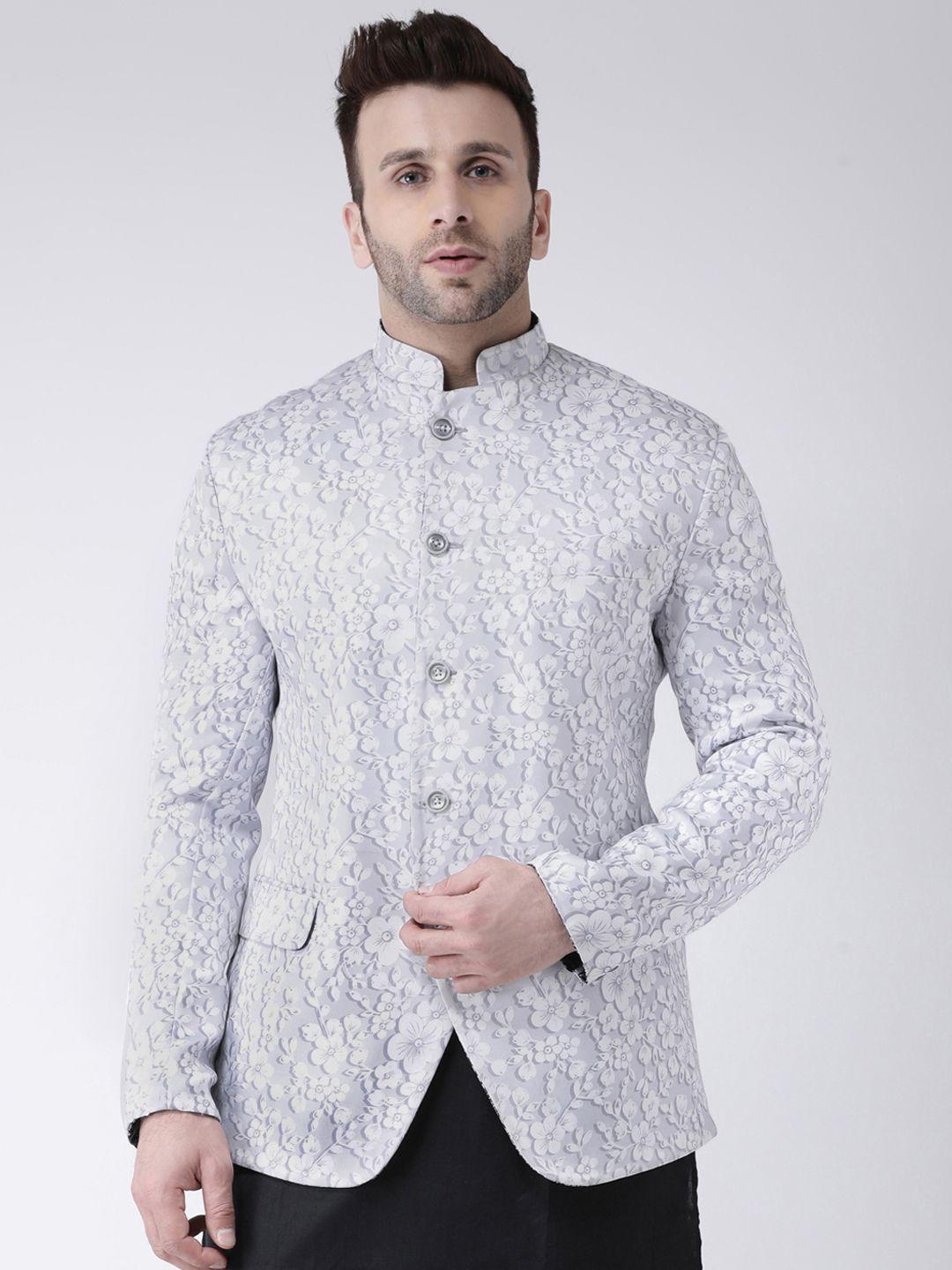 hangup men white & grey floral printed bandhgala blazer