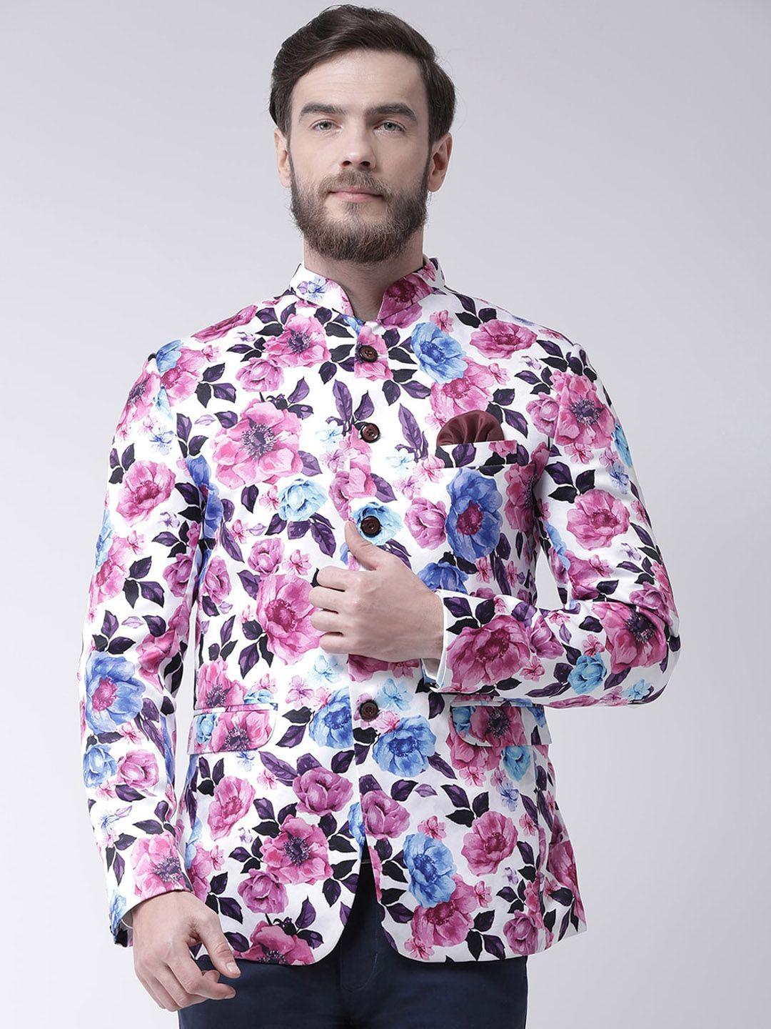 hangup men white & pink printed bandhgala blazer