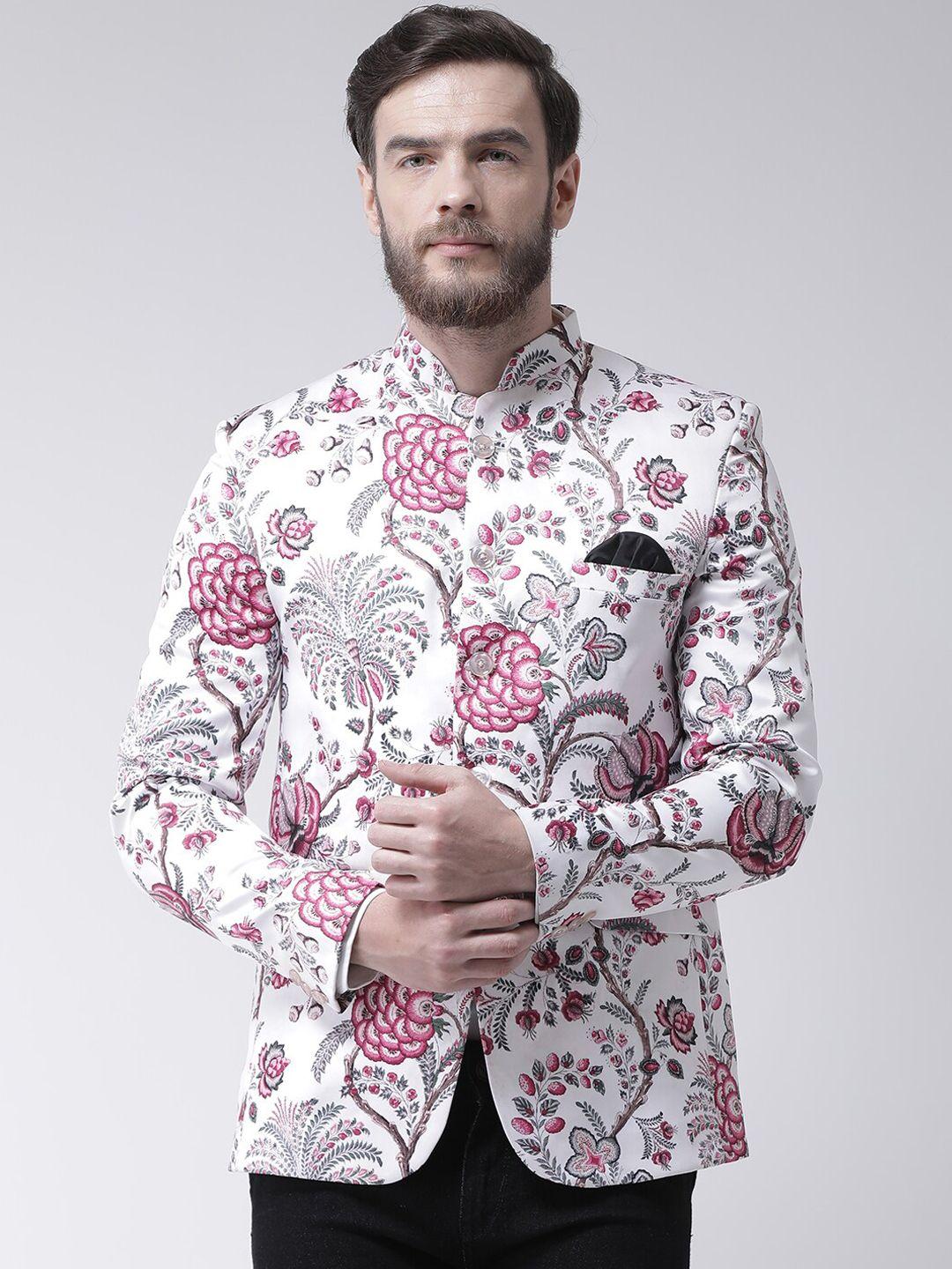 hangup men white & pink printed bandhgala blazer