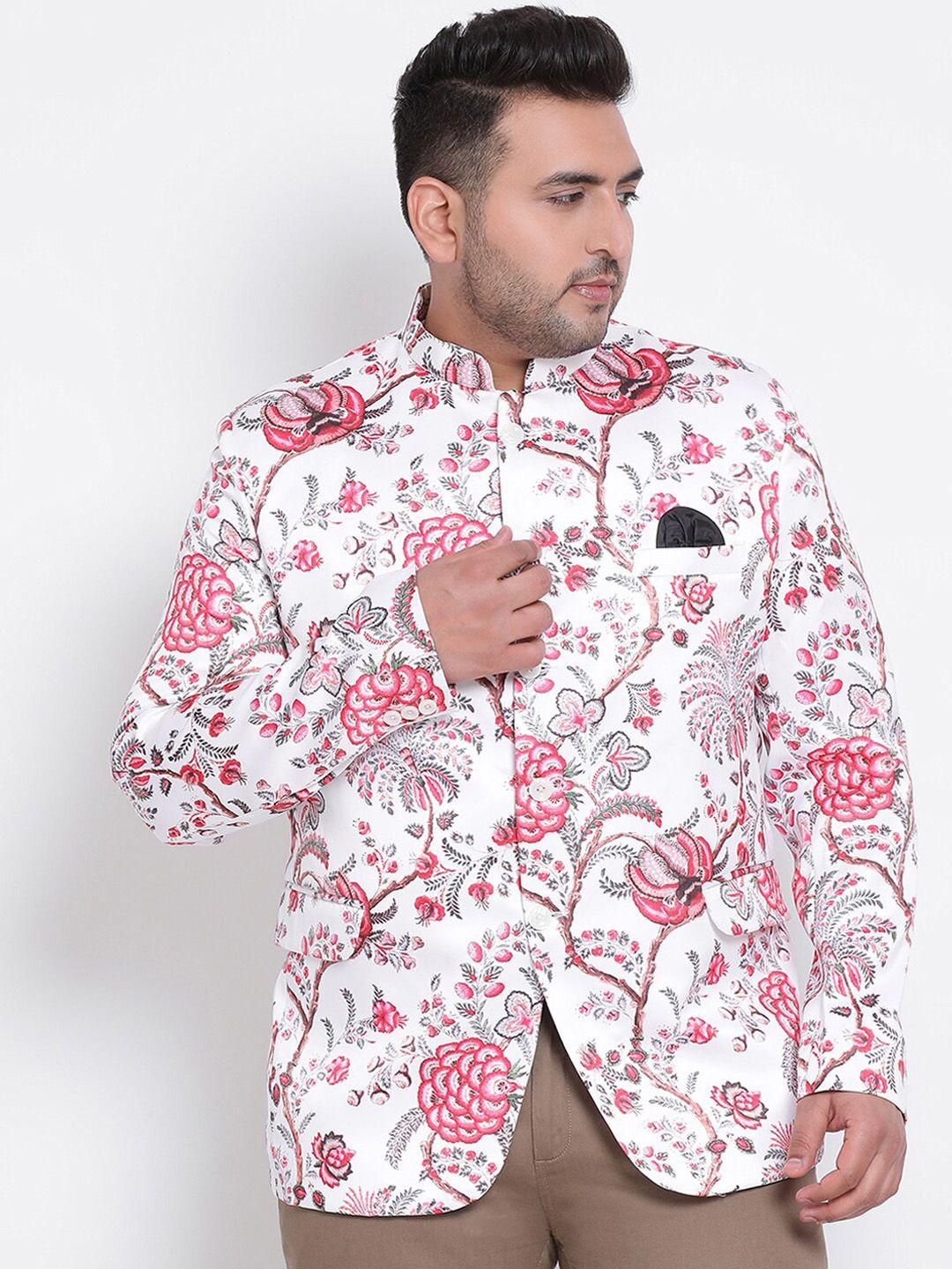 hangup men white & pink printed plus size bandhgala blazer