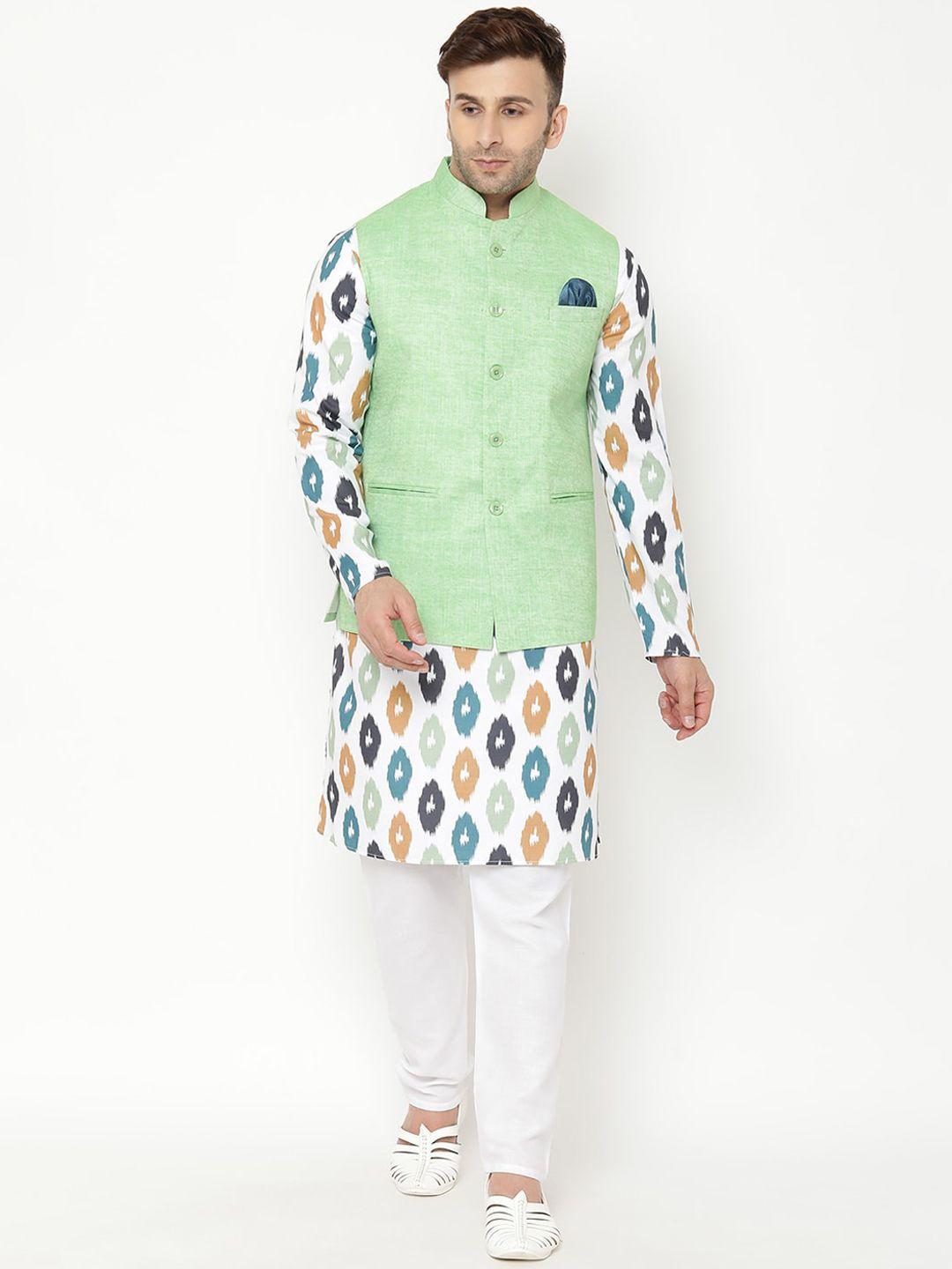 hangup men white printed kurta with pyjamas & nehru jacket