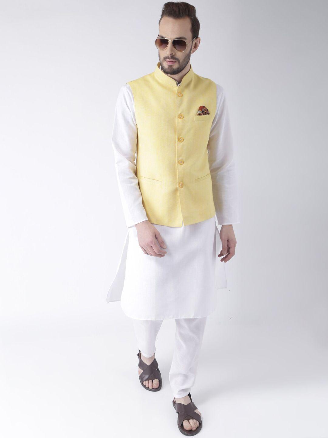 hangup men white pure cotton kurta with pyjamas & nehru jacket