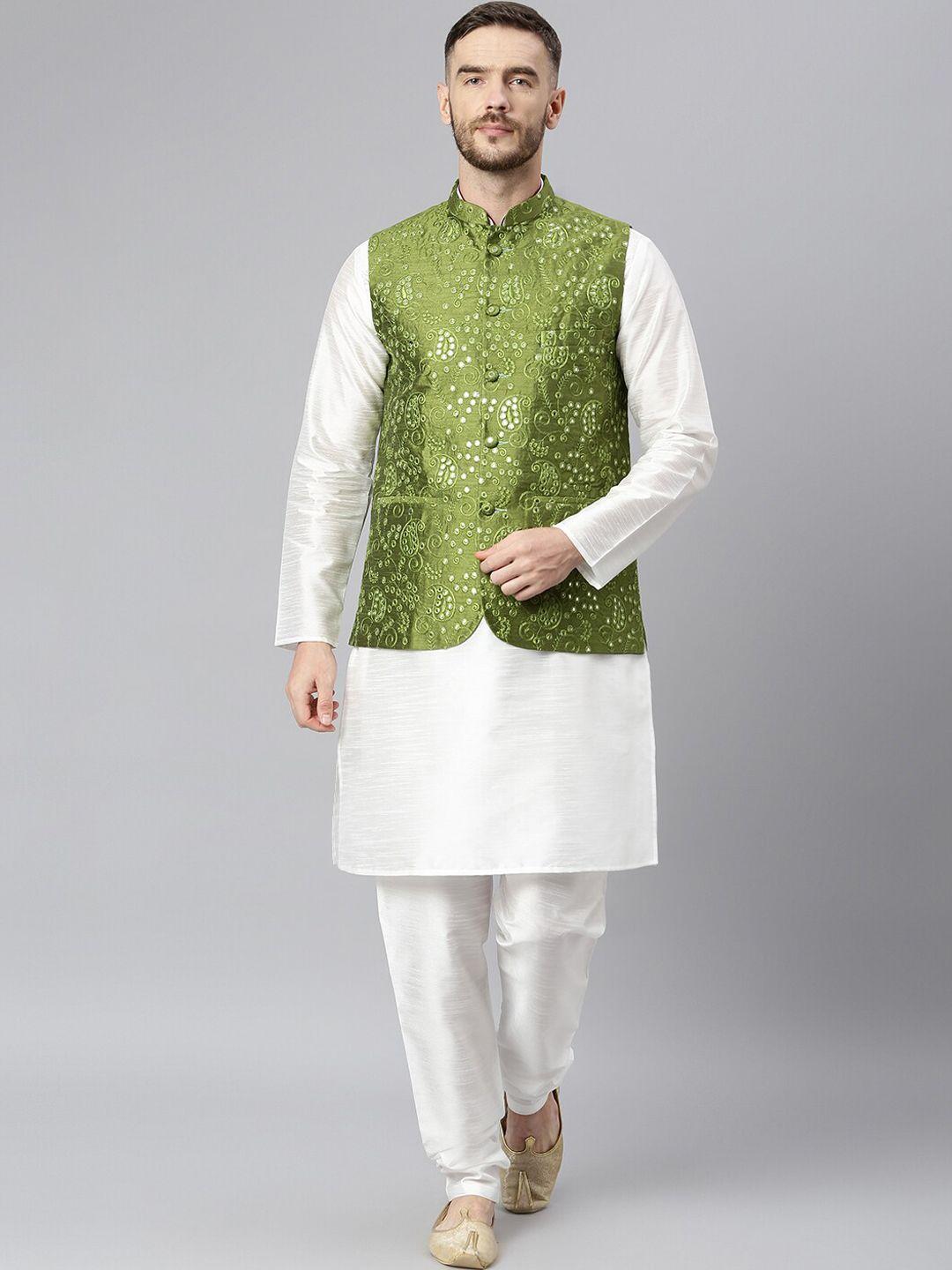 hangup men white regular dupion silk kurta with churidar & nehru jacket