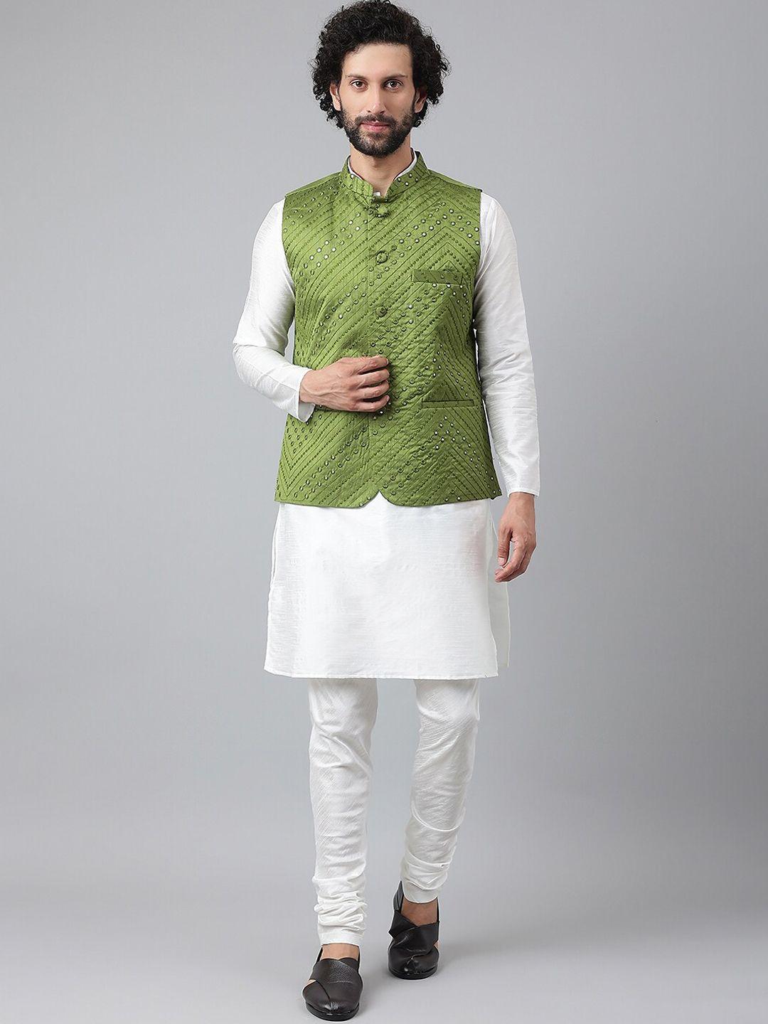 hangup men white solid pure silk straight kurta with churidar & nehru jacket