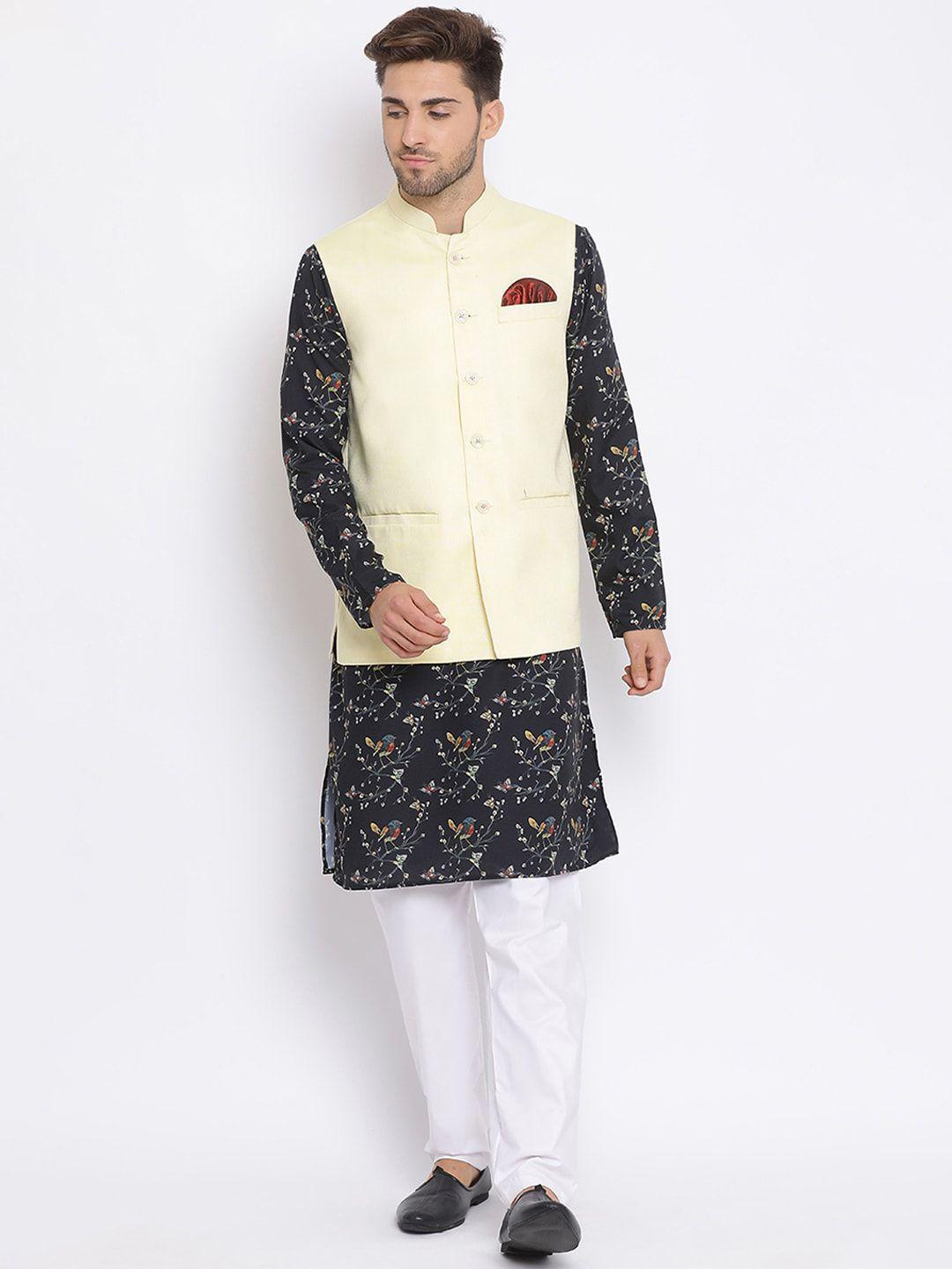 hangup men yellow & black printed kurta with pyjamas