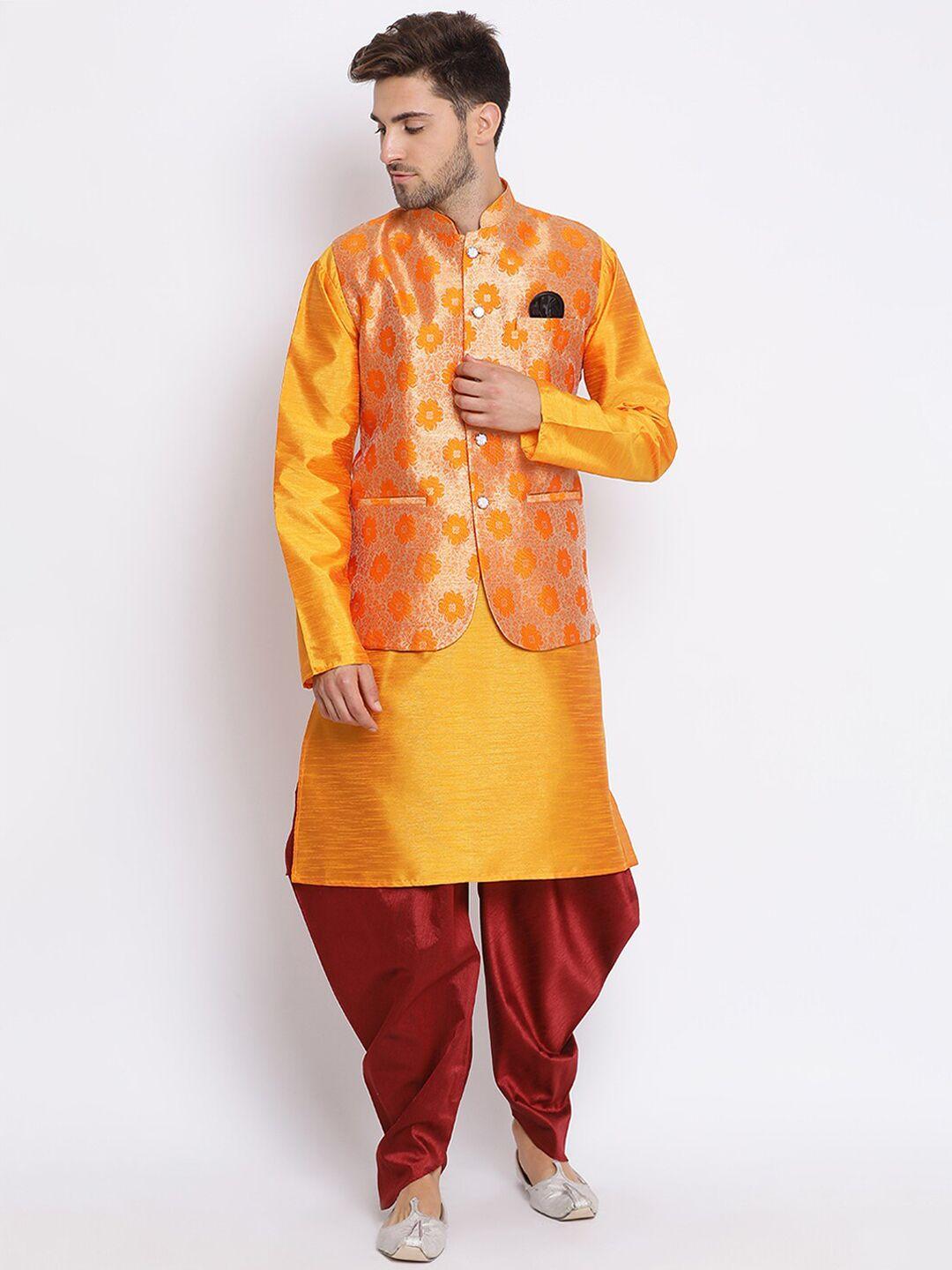 hangup men yellow & maroon solid kurta set with waistcoat