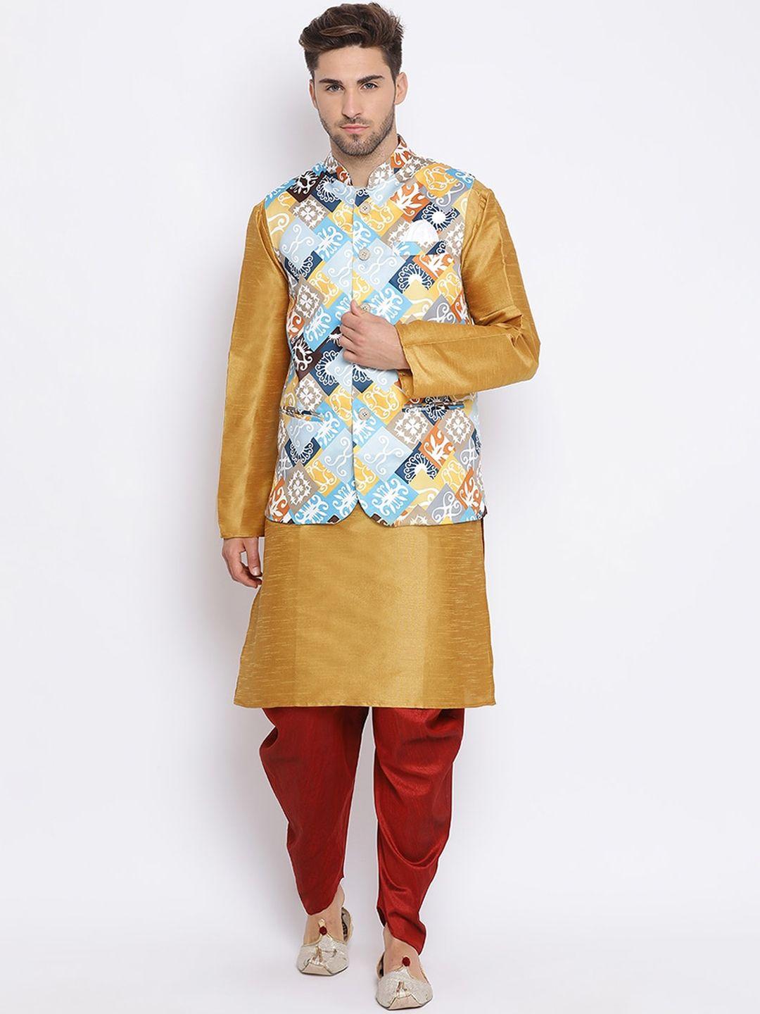 hangup men yellow & maroon solid kurta with dhoti pants