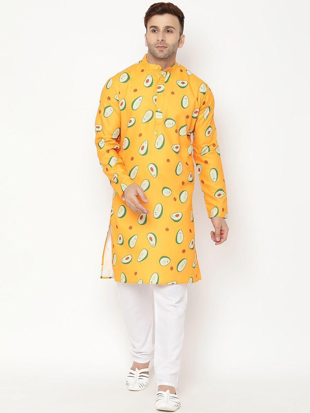 hangup men yellow printed kurta with pyjamas