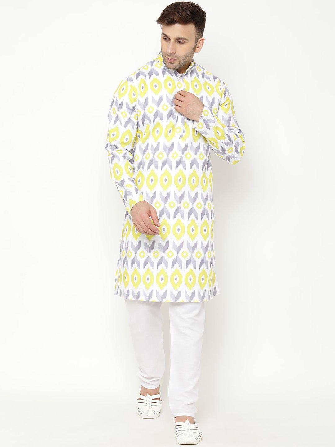 hangup men yellow printed kurta with pyjamas