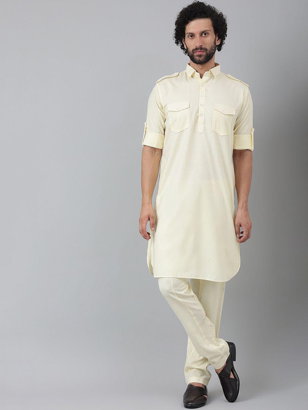 hangup men yellow pure cotton pathani pure cotton kurta with trouser
