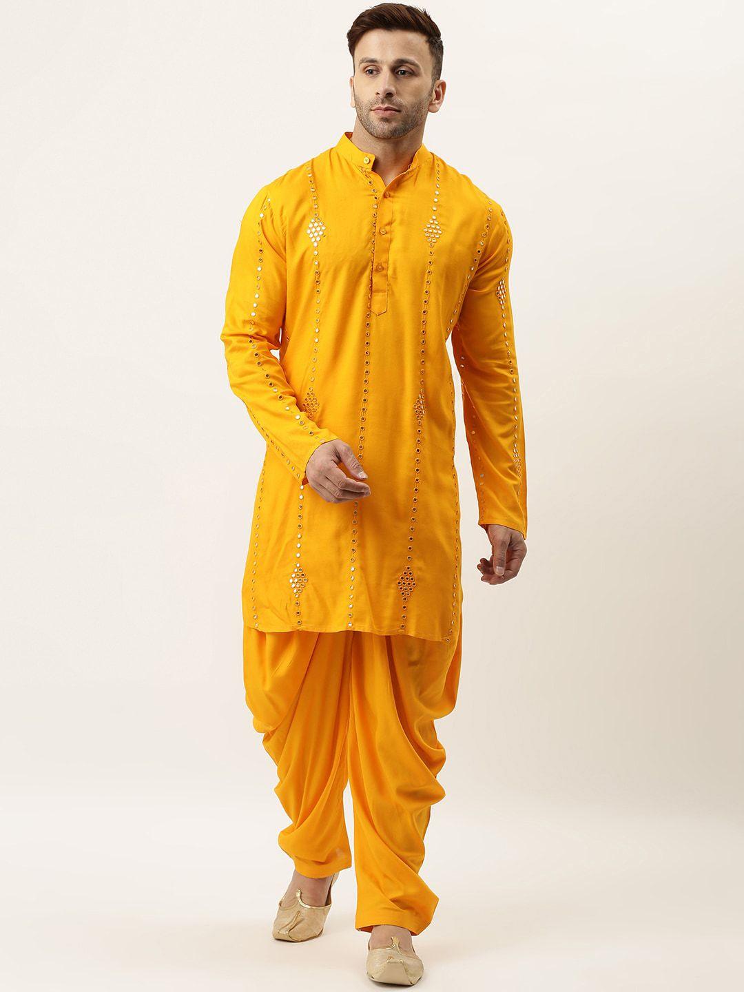 hangup men yellow regular mirror work kurta with dhoti pants